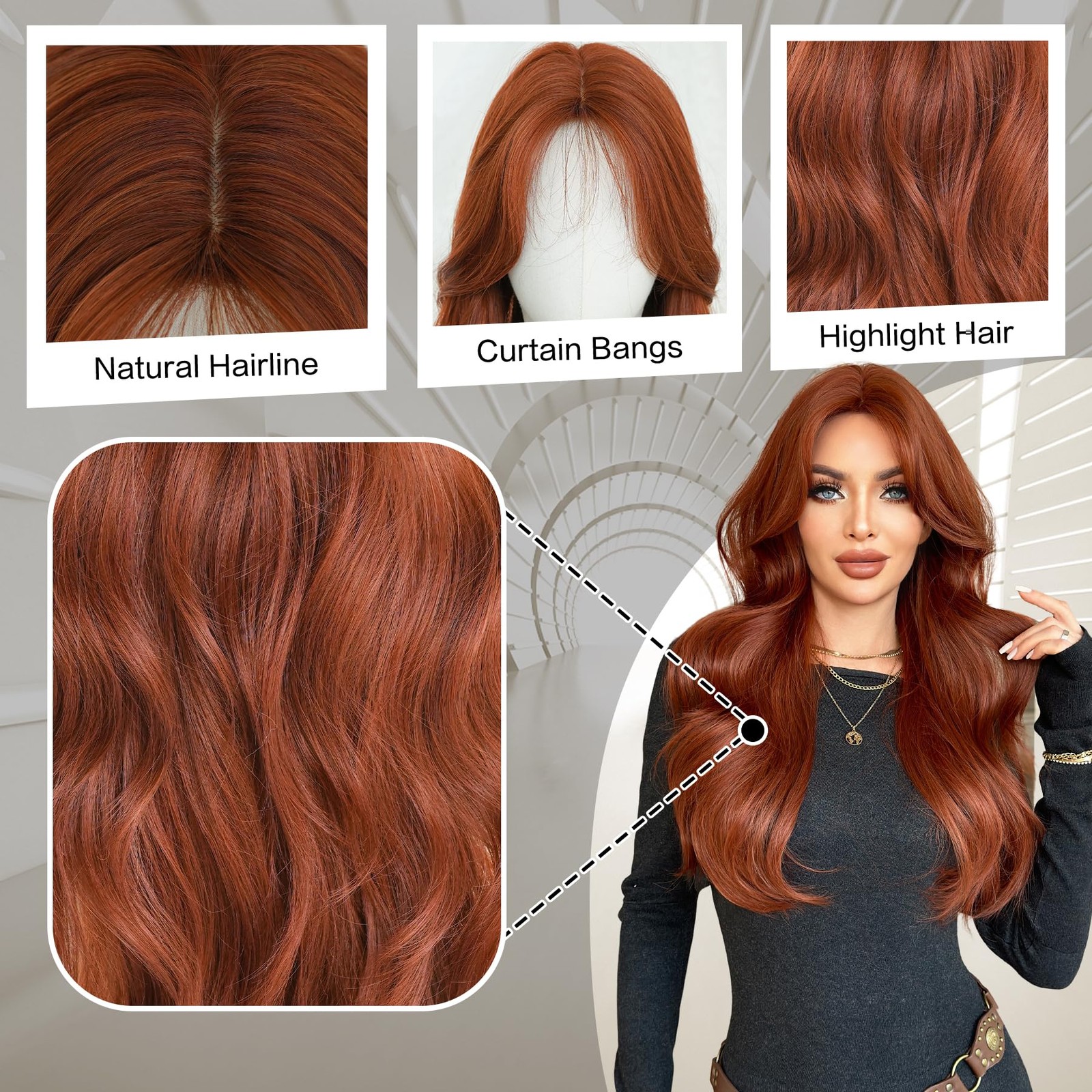7JHHWIGS 28in Auburn Red Long Wavy Curatain Bangs Wigs Natural Reddish Brown Hea