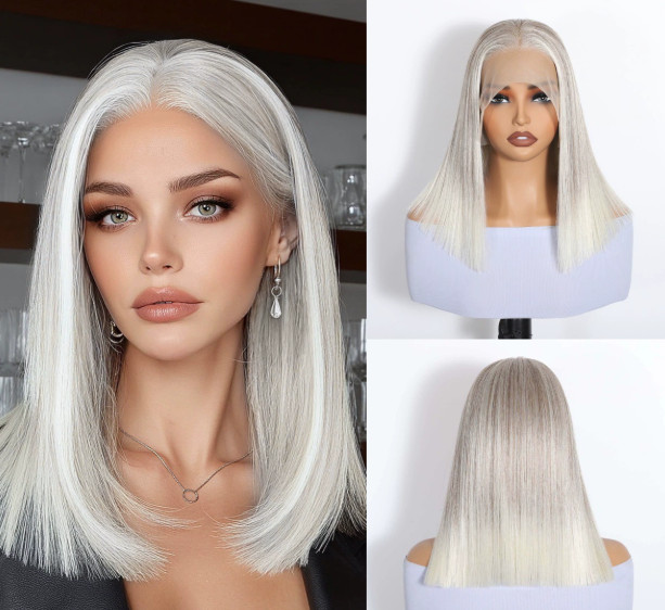 Silvery Medium-Length Straight Wig with Lace Front, Heat-Resistant Fibers Women