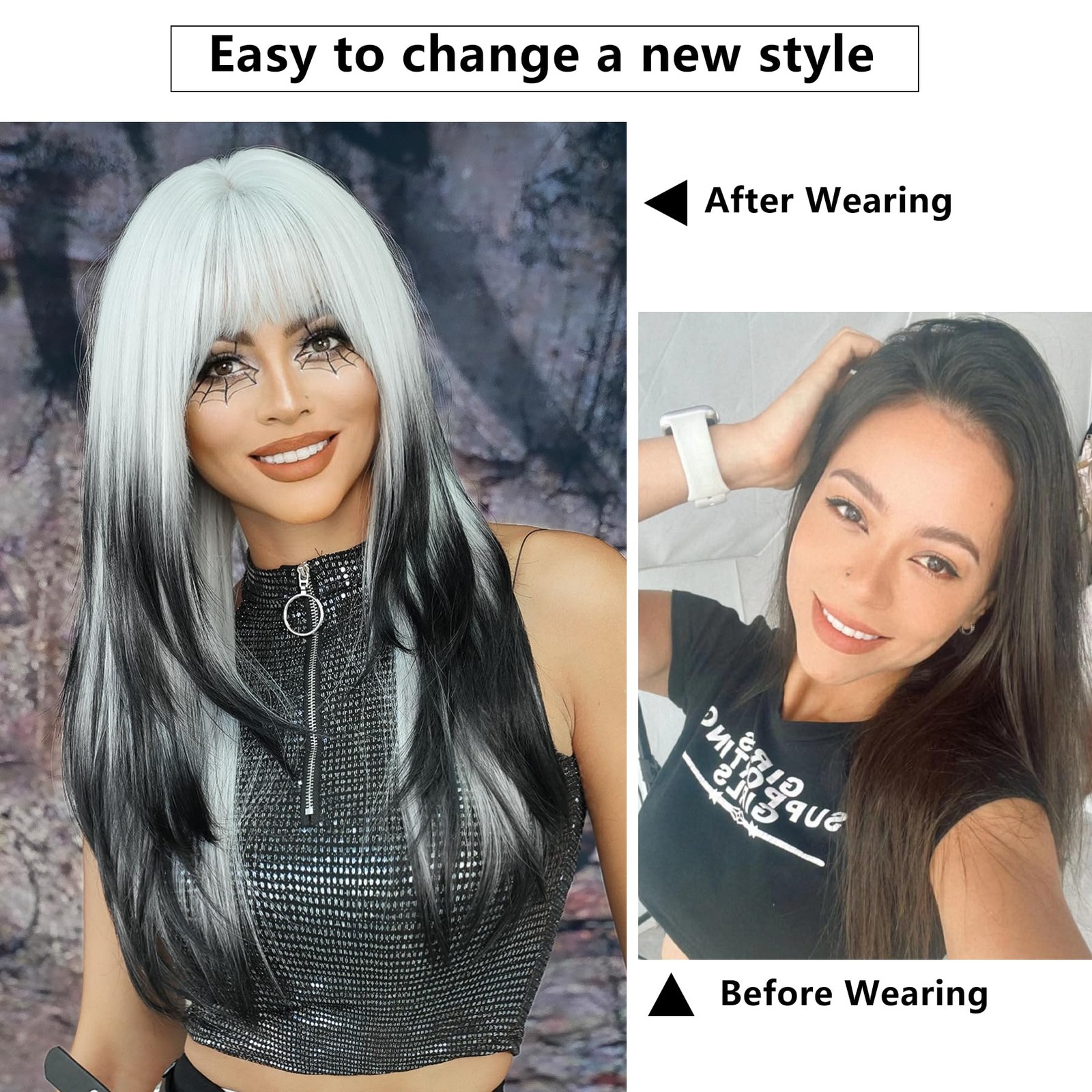 7JHH WIGS 25Inch Long Straight Layered Wig with Bangs 25in Black White Ombre