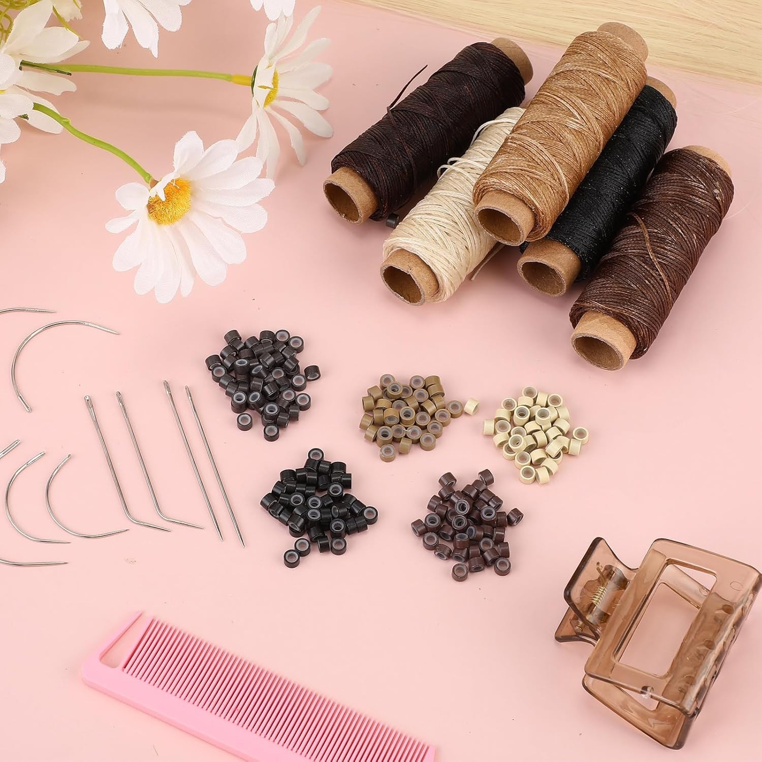 Versatile Hair Extensions Kit with 2500 Beads, Thread Rolls and Needles Included