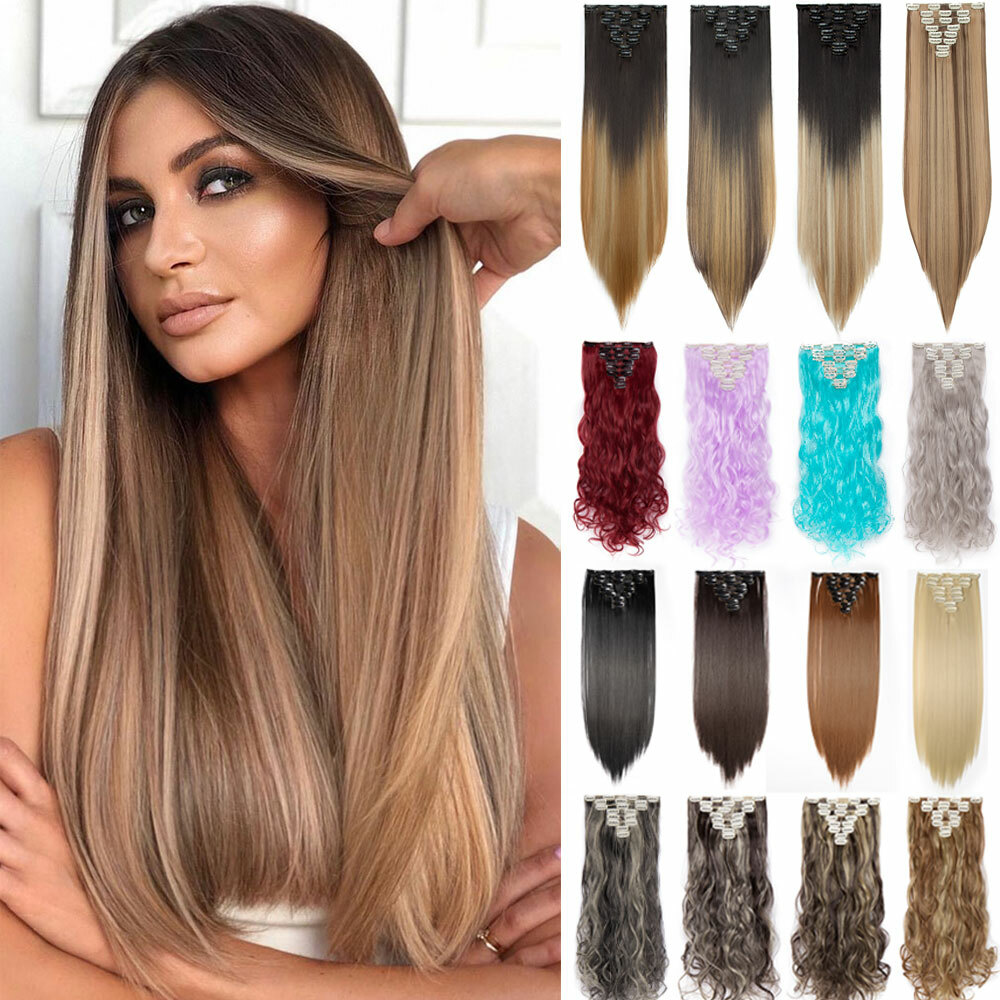 Clip in 100% Real Natural Hair Extensions 8 Pieces Straight Wavy Long as Human H