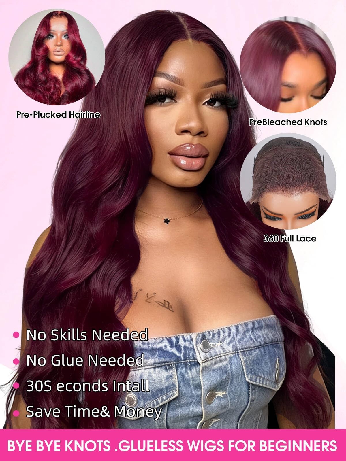 24″ Black Cherry Body Wave 360 Lace Front Wig – Human Hair, 200% Density, Gluele