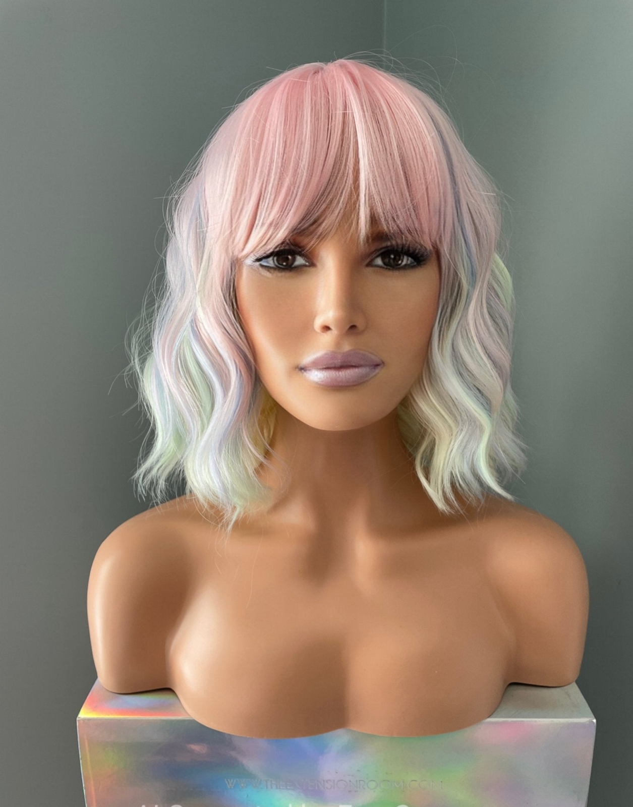 Pastel Rainbow Bodywave Wig with Bangs, 14 Inch Costume Cosplay Wig