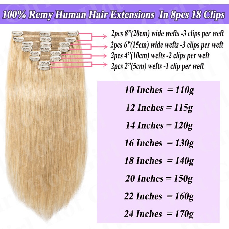 Big THICK Clip In 100% Real Remy Human Hair Extensions Full Head Double Weft US