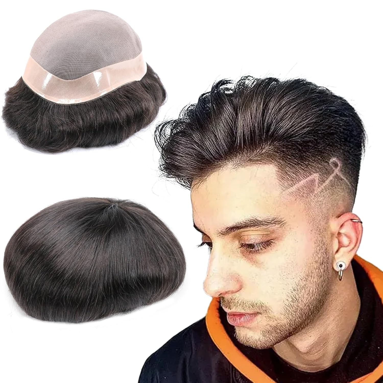 Toupee Mans Pieces and Hair System 100% 7×9 Inch 1B Off Black Powerfully Hold