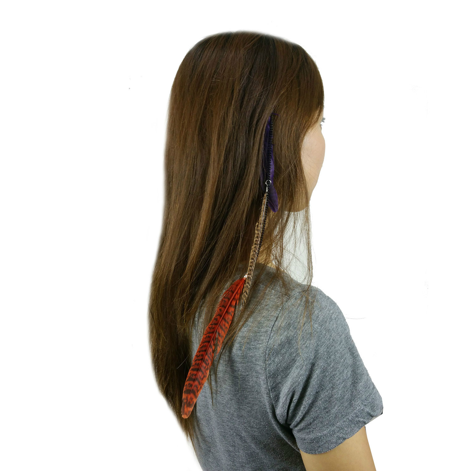 4 pcs Real Long Feather & Chain Hair Extension w/Clip On Comb Assorted