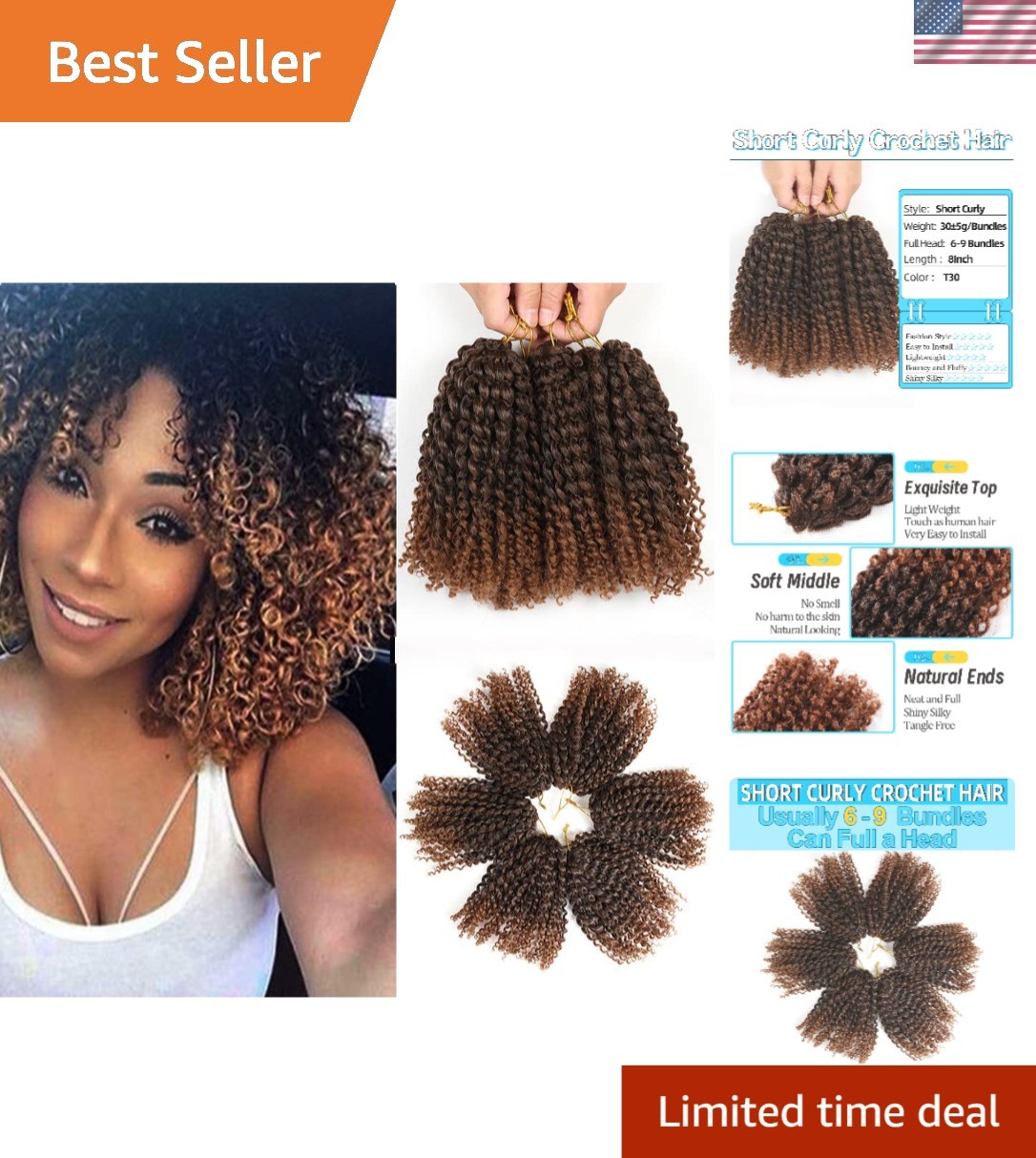 6 Bundles of 8 Inch Soft Passion Twist Hair – Lightweight Crochet Braids (1B/30)