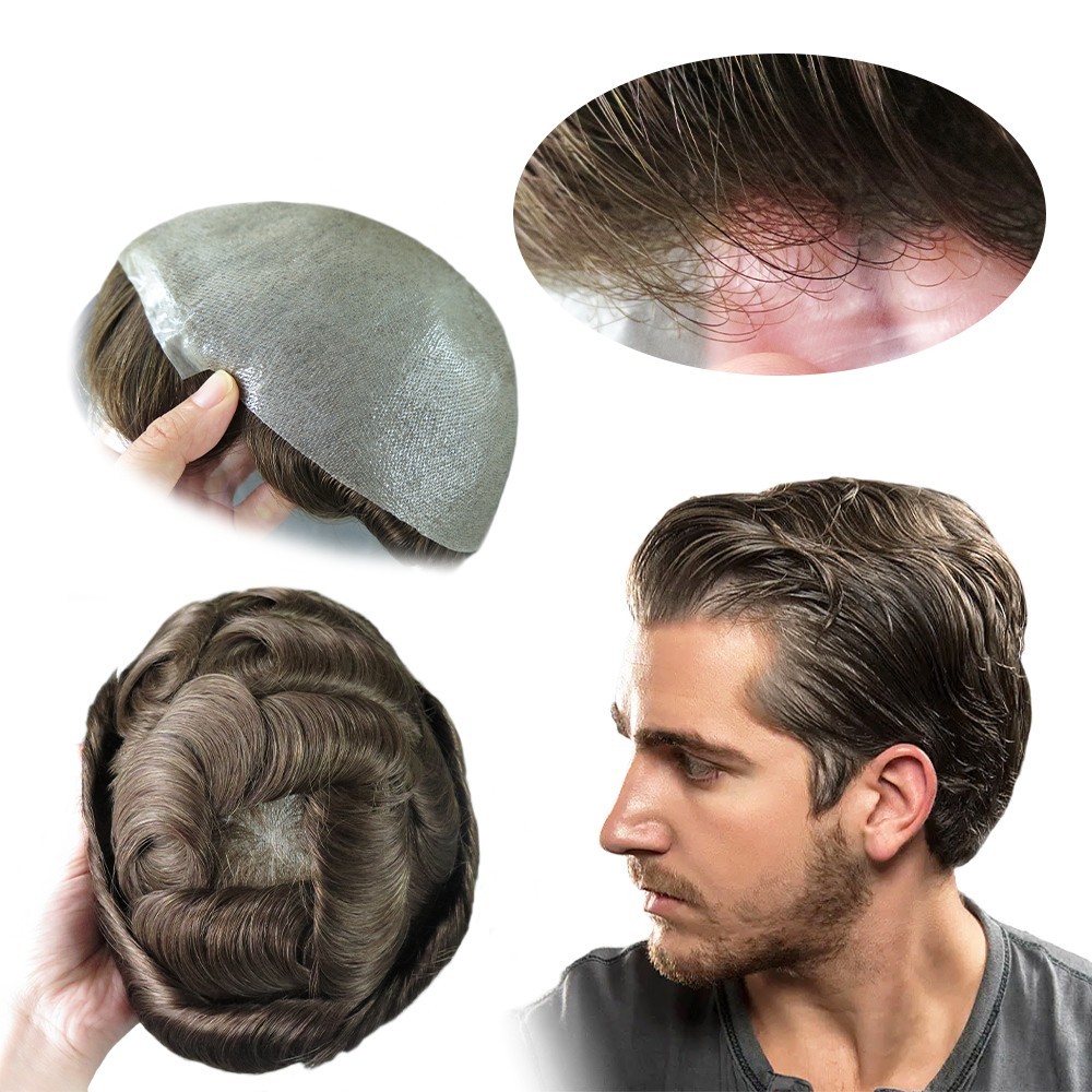 Toupee Human Hair for Men Replacement System Hairpiece 0.05mm Thin Skin BIO #6