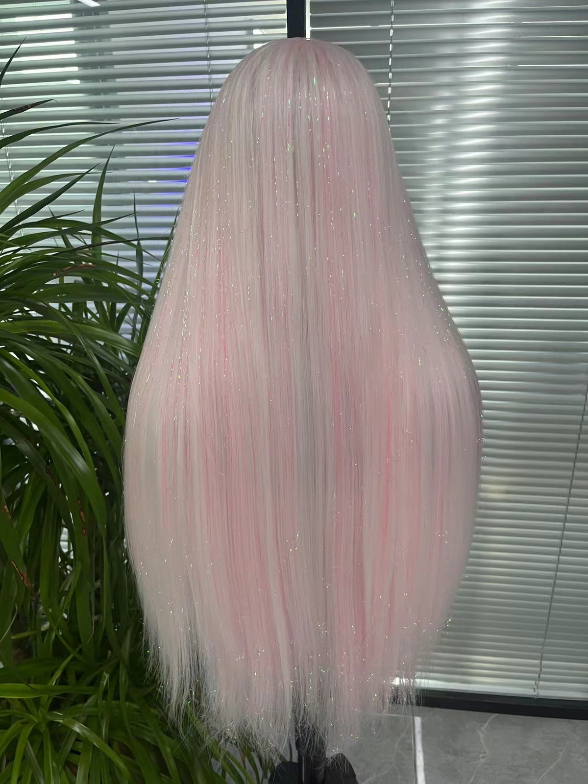 Ice Pink / Cream Pink Tinsel Blended Long Straight Hair Synthetic Lace Front Wig