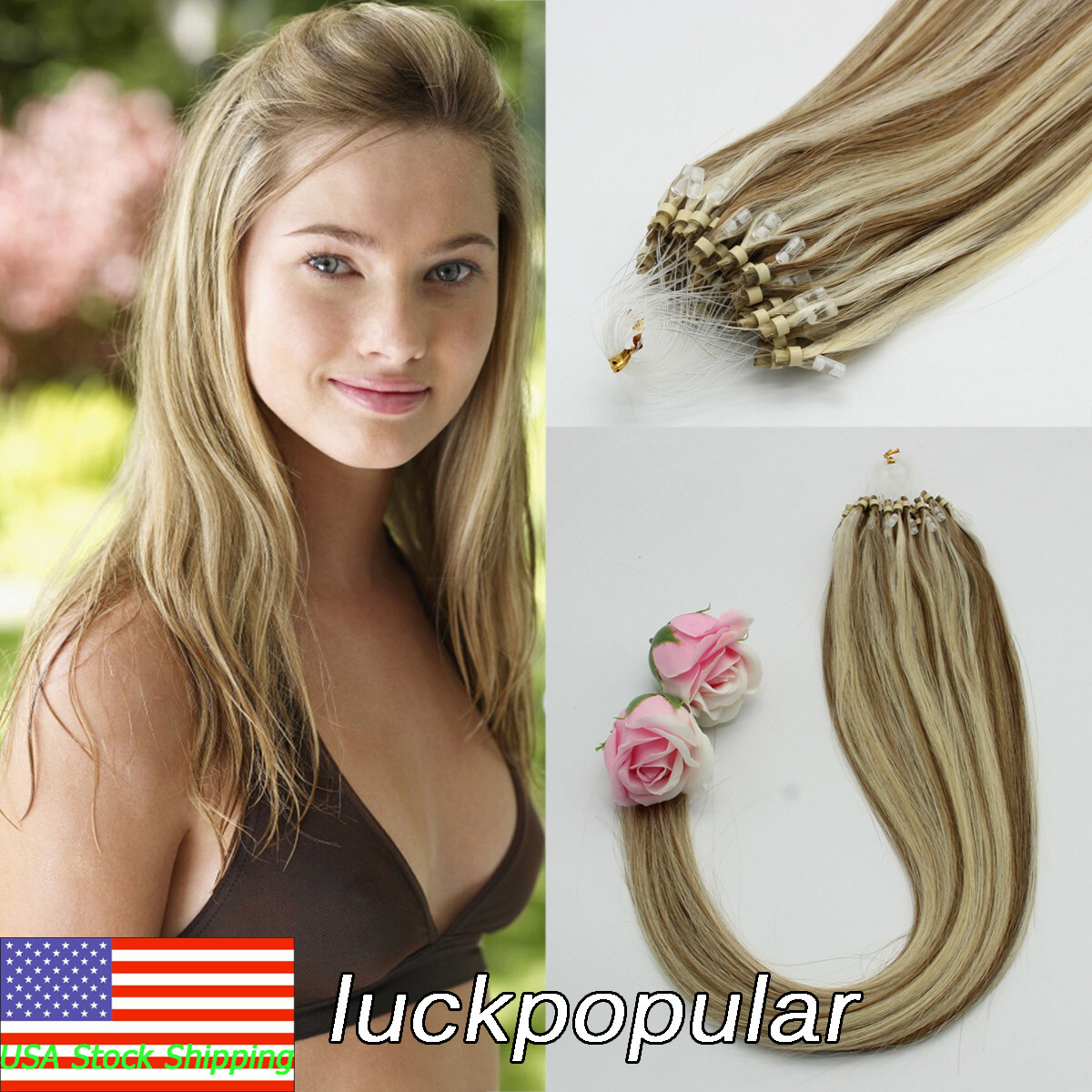 Micro Link Hair Extensions Micro Ring Beads Loop Tip Real Human Hair Highlighted