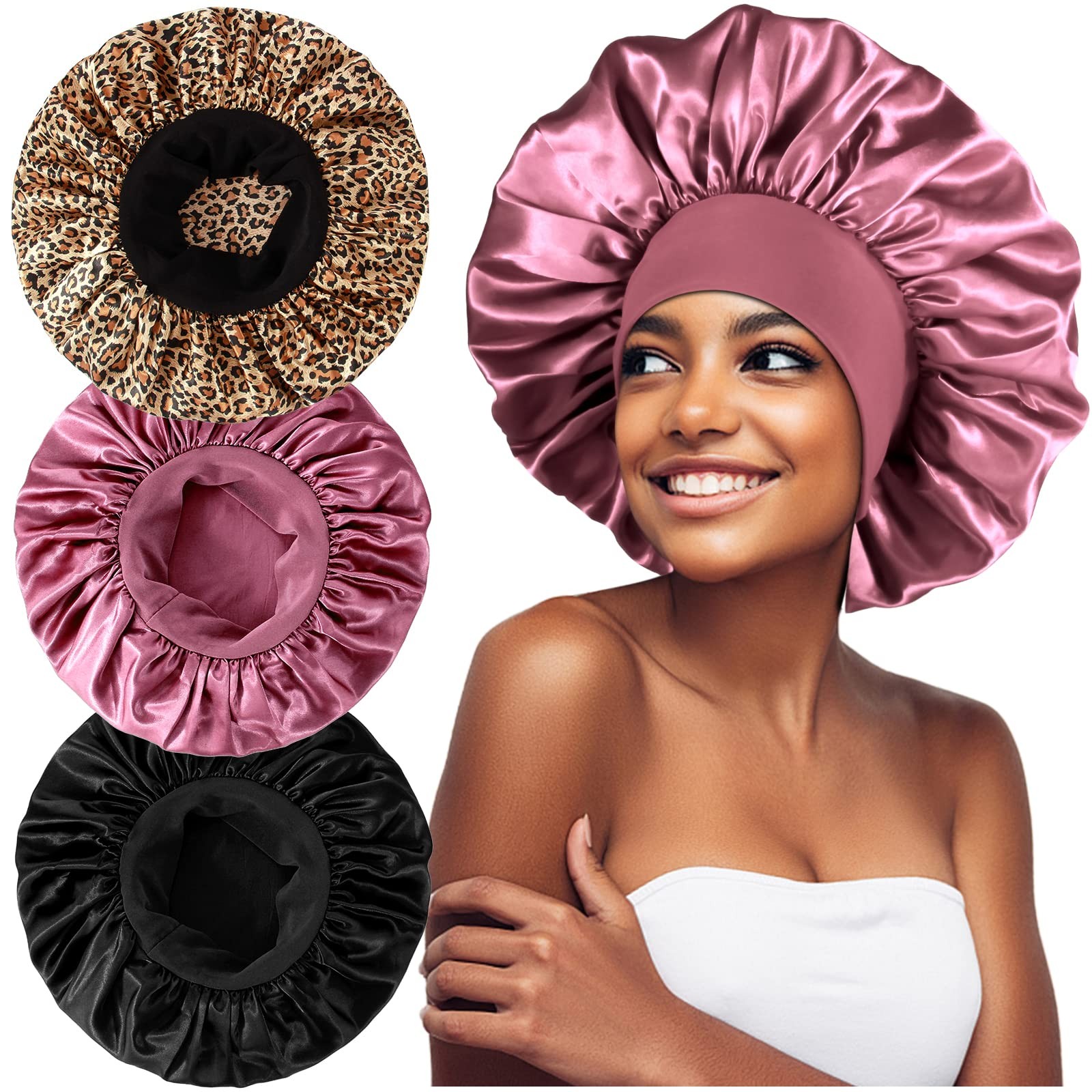 3PCS Extra Large Satin Bonnets for Sleeping, 5-6, C-black, Rose Gold, Leopard
