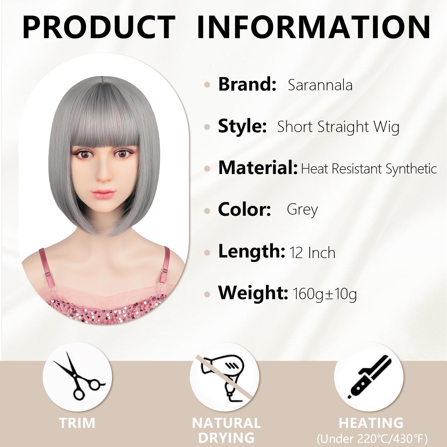 SW07 Gray Bob Wig Short 12″ women soft bangs easy to wear Colorful synthetic