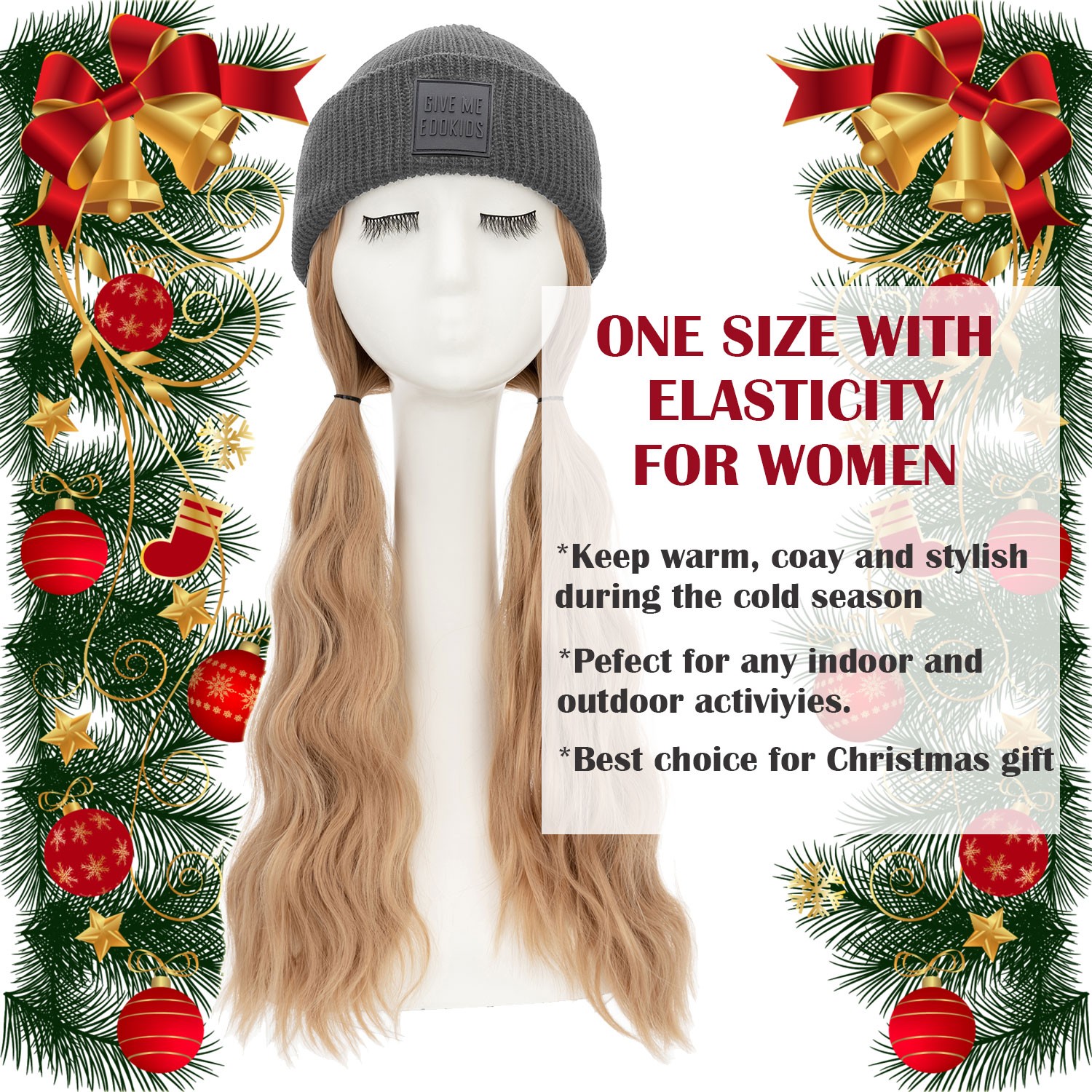Winter Synthetic Women Long Wavy Beanie Knitted Hat Wig with Synthetic Hair Wigs