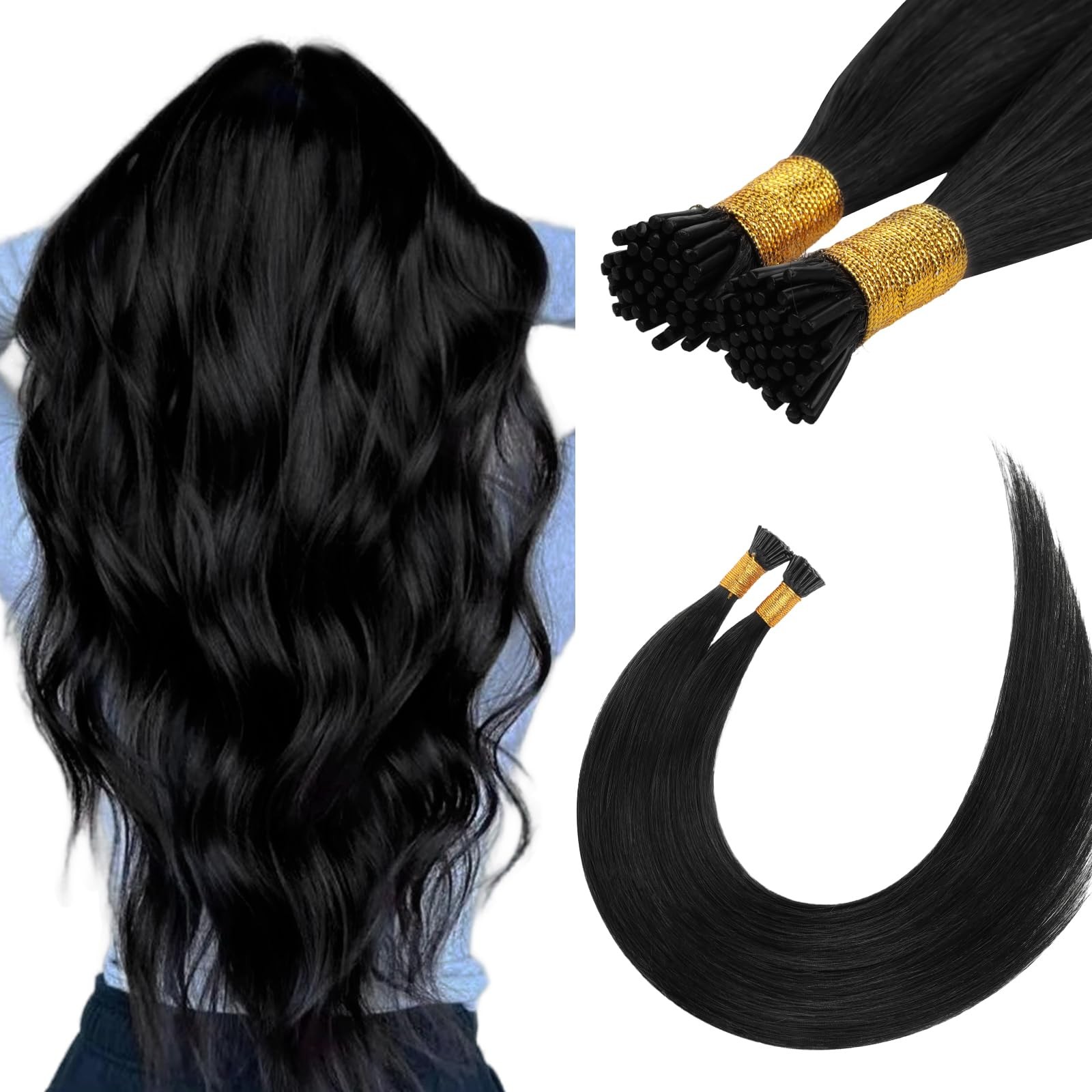Hotbanana I Tip Hair Extensions Human Hair 14 Inch 50G 100S Jet Black Pre