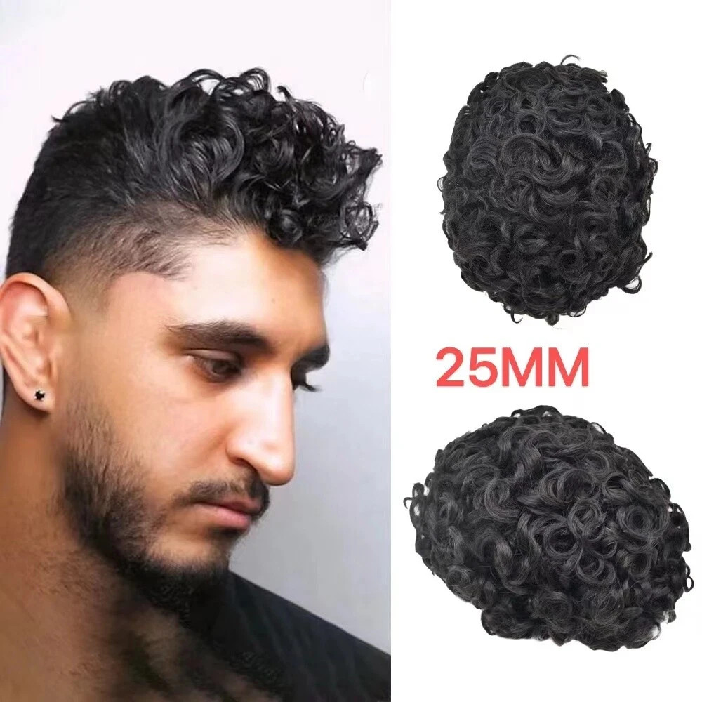 Afro Curl Mens Toupee Full Poly Skin Pu African American Hair System Replacement