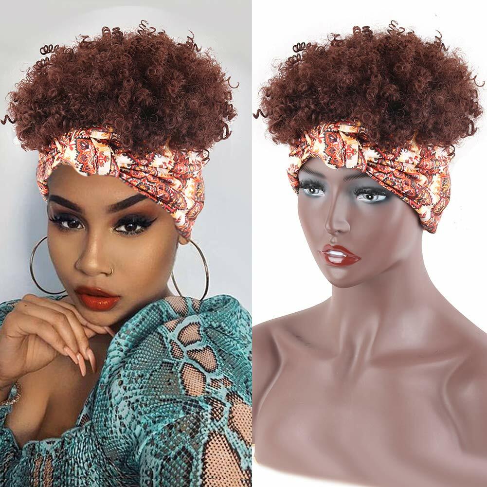 Kinky Curly for Afro Women 2 in 1 Short Headband Wig Dark Brown Headwrap Wigs