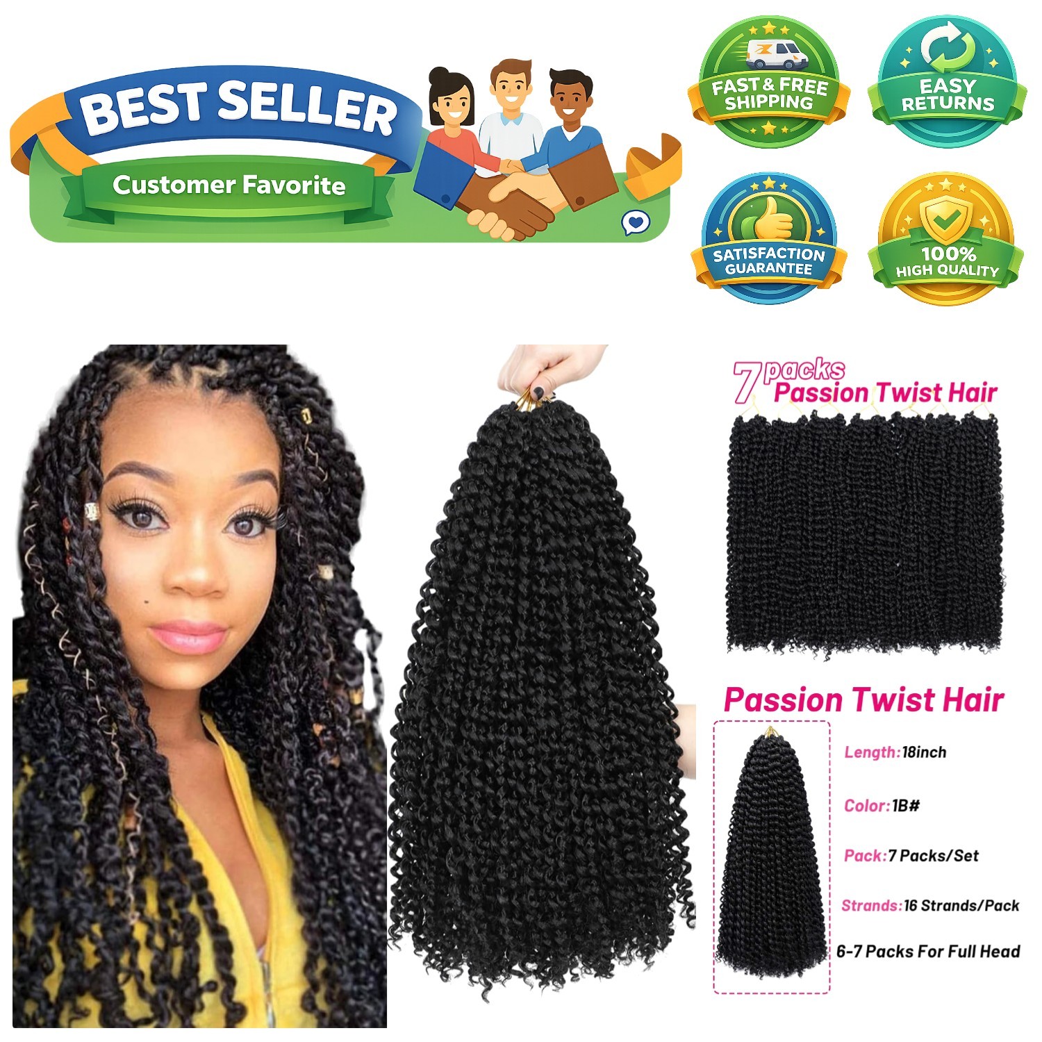 Passion Twist Hair 18 Inch 7 Packs Water Wave Crochet Hair Long Bohemian Curl…