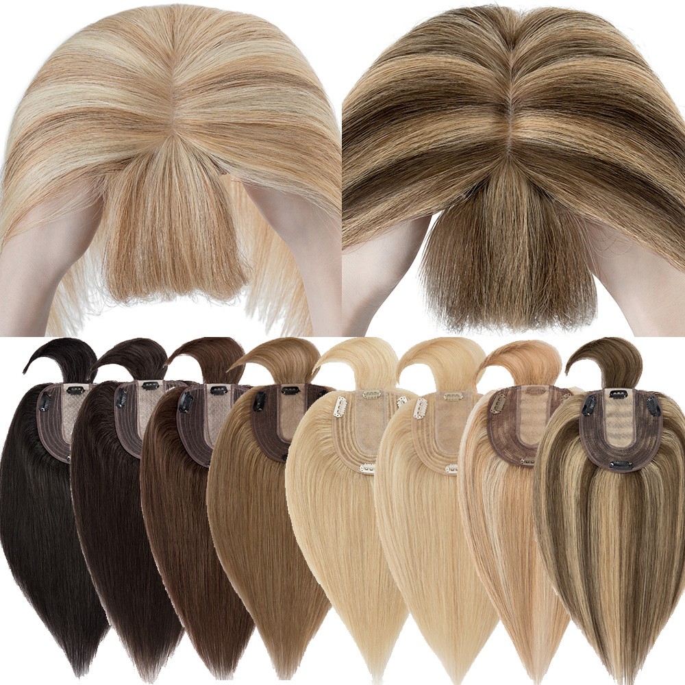 Clip In 100% Human Hair Topper Top Piece Toupee Silk Base Hairpiece Bangs Thick