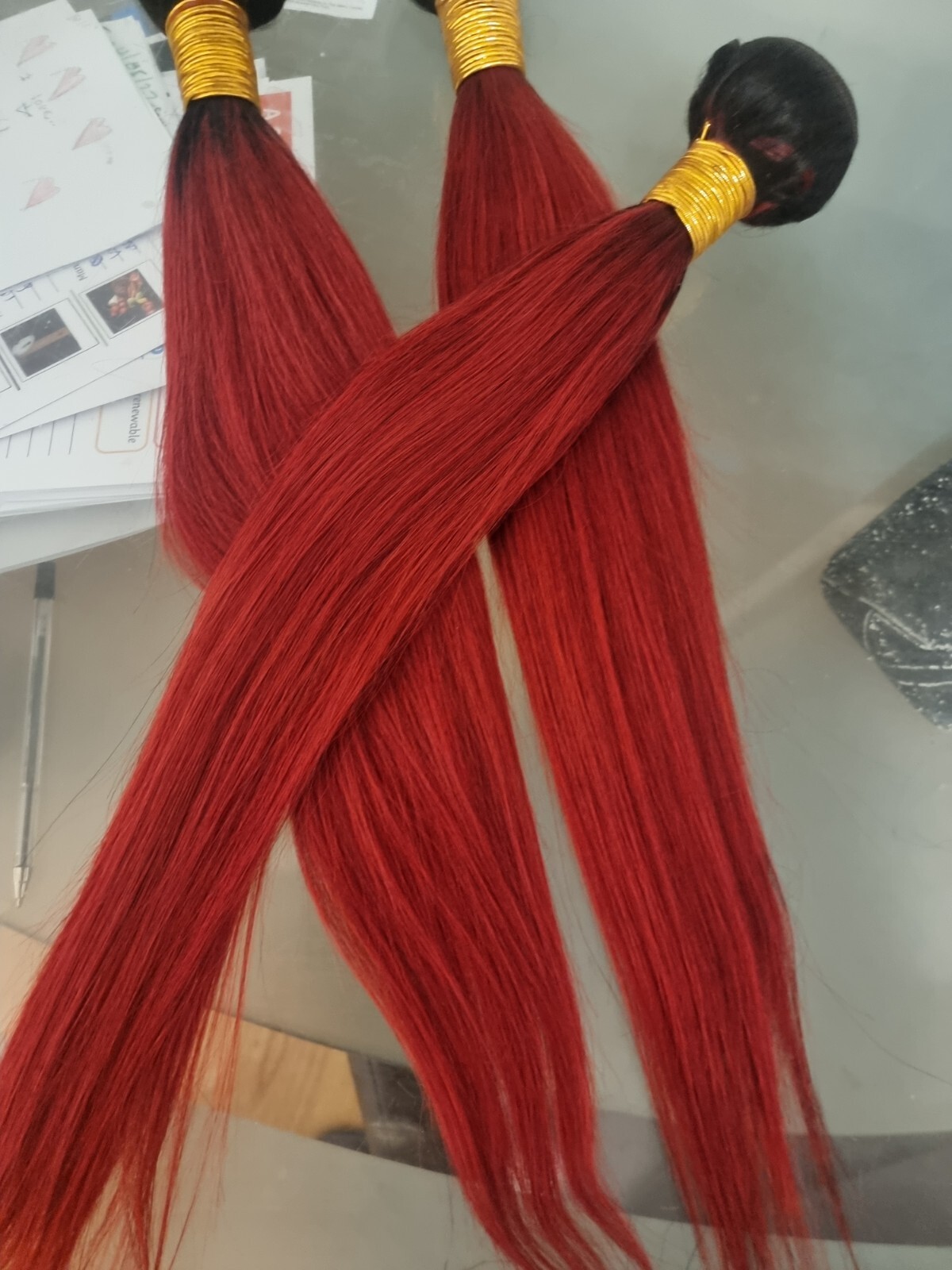 12AA 20+20+20INCH 3BUNDLES REAL PERUVIAN OMBRE STRAIGHT HAIR 2TONES 1b/RED 300g