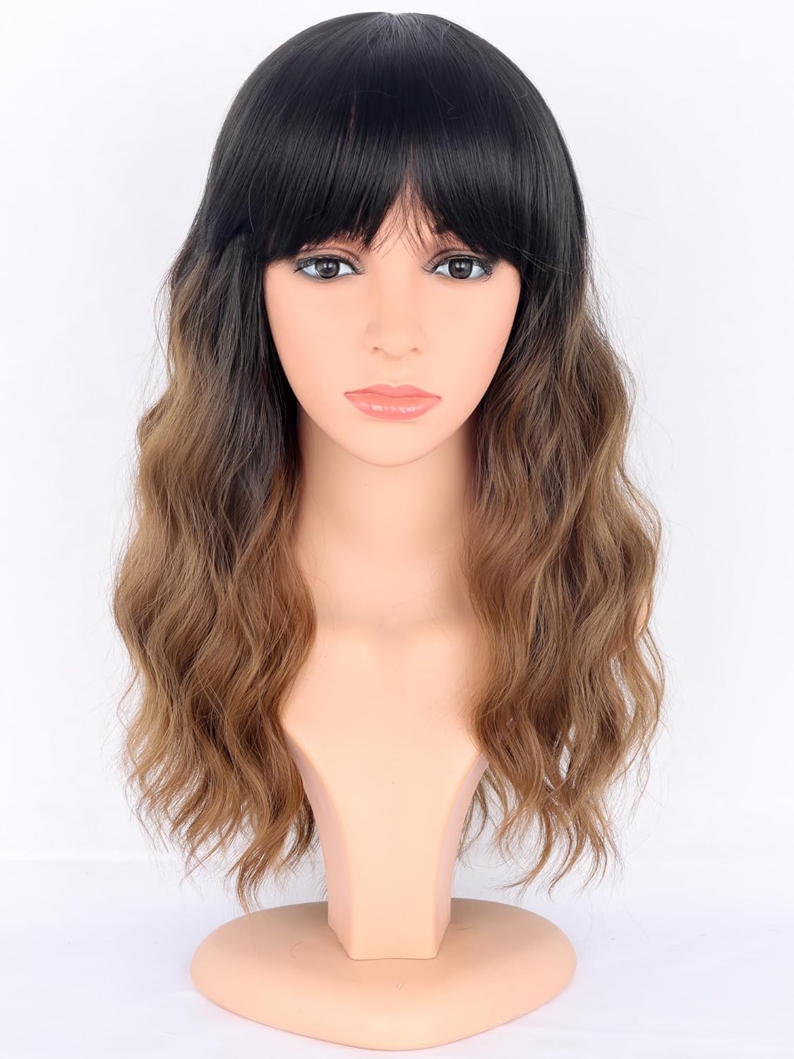 Medium Length Ombre Brown Wavy Wig with Bangs – Perfect for Parties & Daily Use