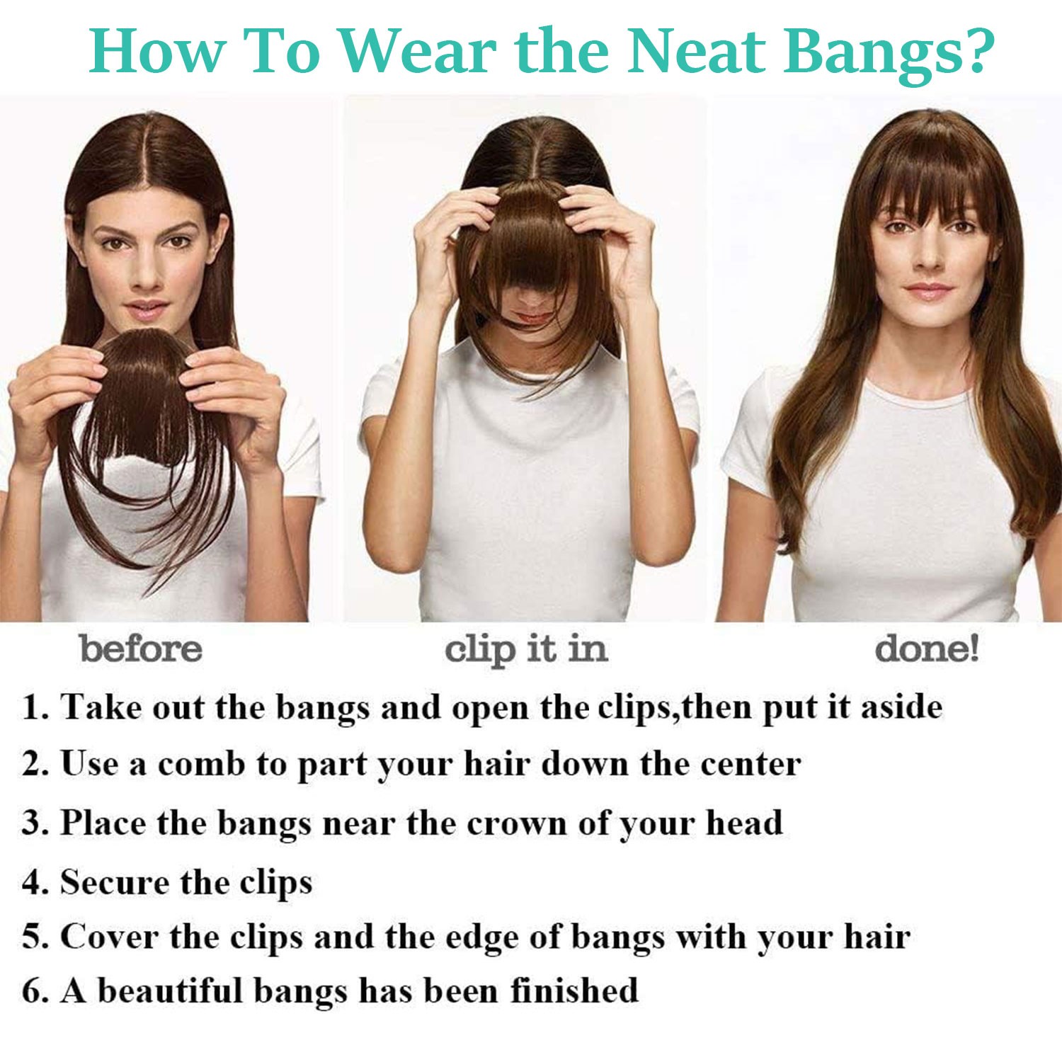 6” Straight Thick Hair Neat Bangs Clip In Fringe Front Hair Extensions Christmas
