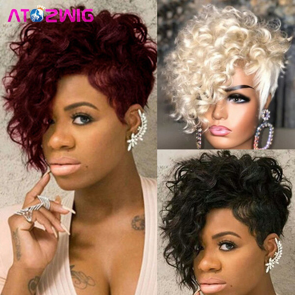 Burgundy Red Short Pixie Cut Curly Wig with Side Bangs for Women Synthetic Hair
