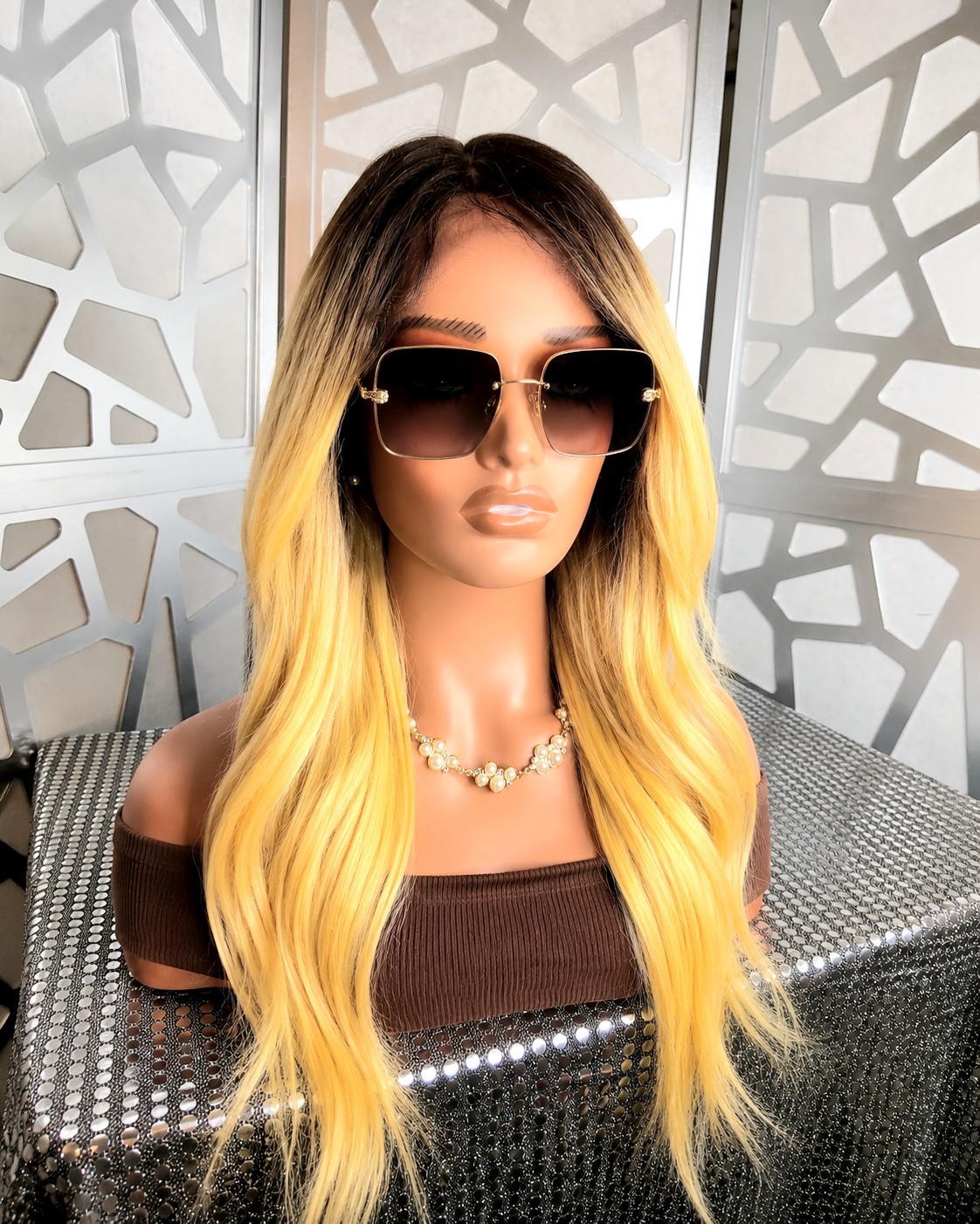 Blonde Ombre Wig Dark Roots Lace Front Glueless Human Hair Blend Long Wavy Wig