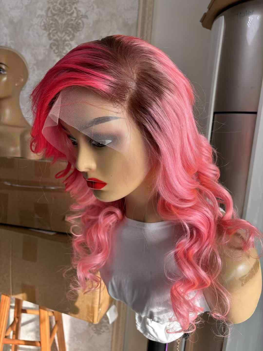 Brown Root Red With Pink Long Wavy Wig T Lace Front 100% Human Hair Wig Glueless