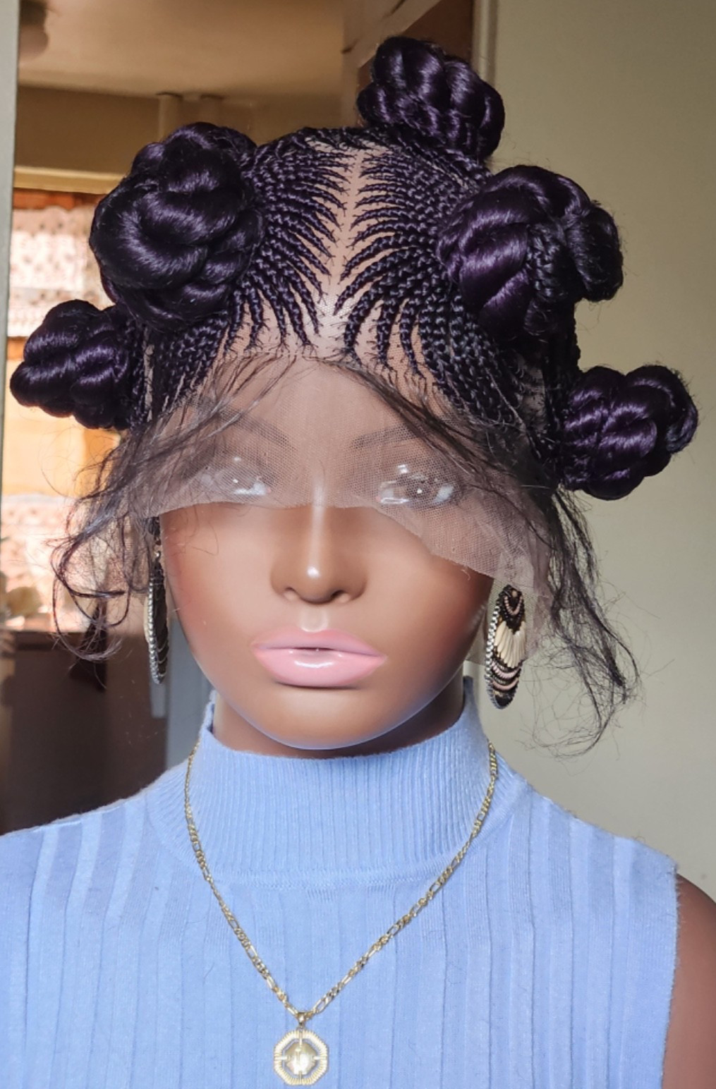 Handmade Bantu Knot Braided Full Lace Cornrow wig Dark purple
