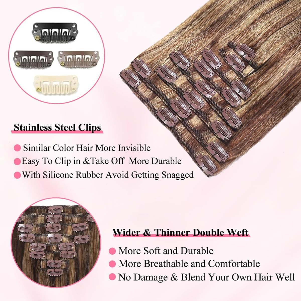 Tebelove Clip In Hair Extensions Real Human Hair 3.6Oz/100G Clip Ins 100 Human