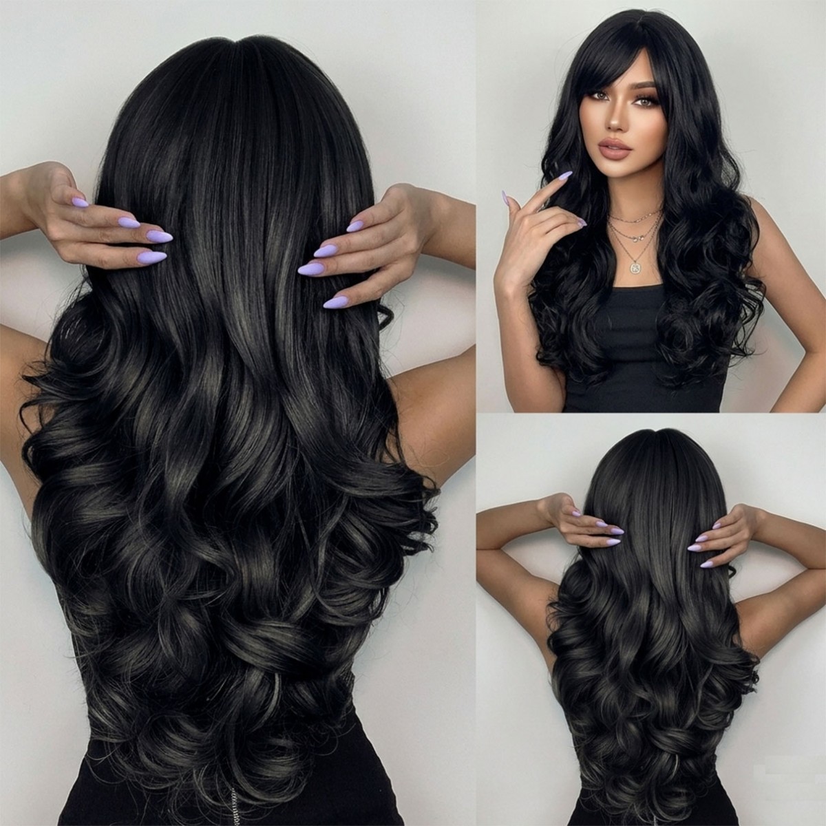 Long Wavy Dress Up Wig With Fringe Black Heat Resistant Synthetic Hair