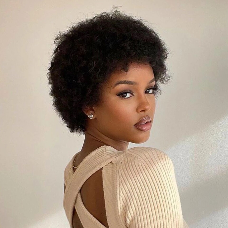 100% Human Hair Short Black Afro Kinky Curly Wigs for Women Soft Natural Hair US