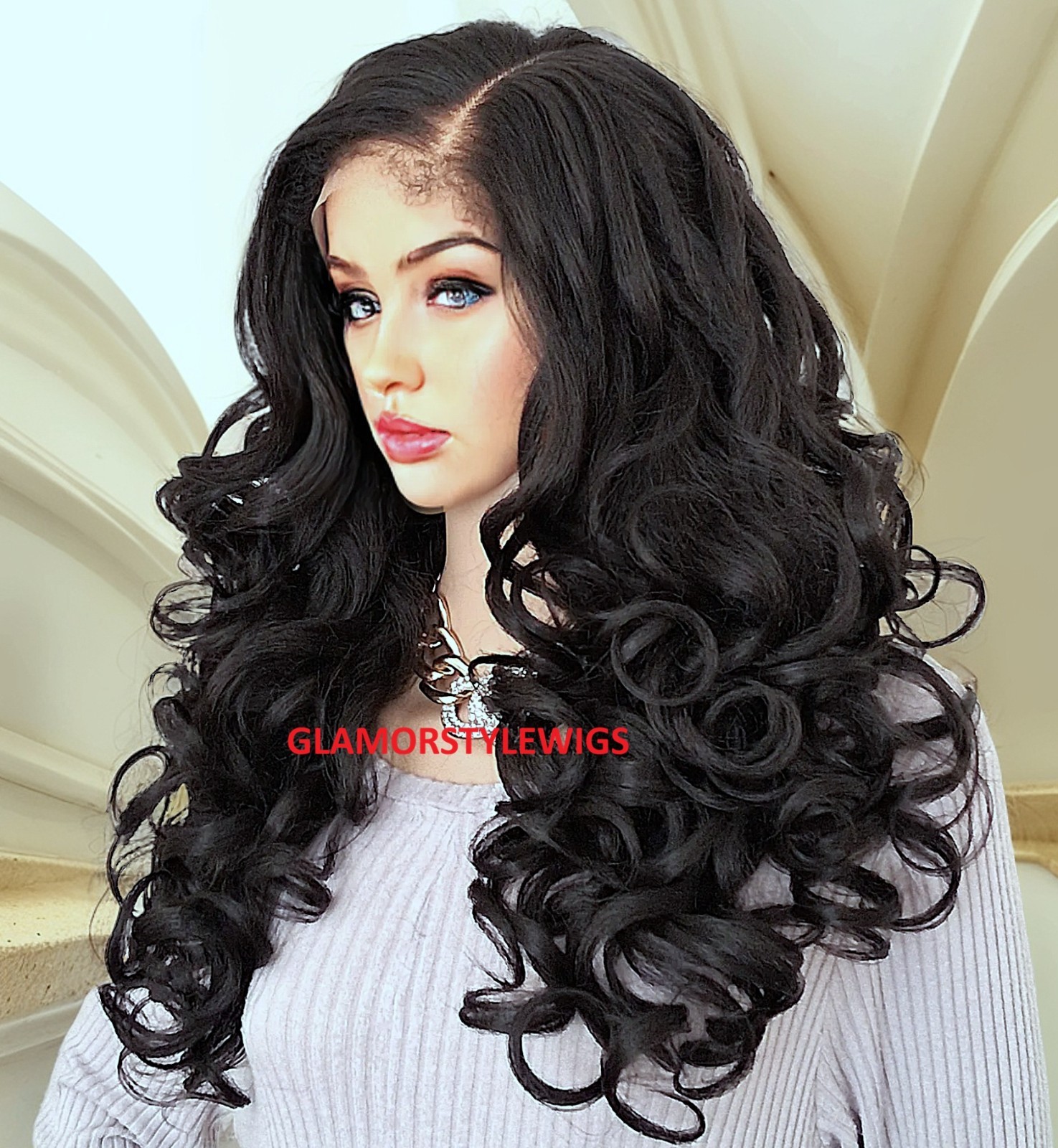 32″ LACE FRONT FULL WIG LONG CURLY LAYERED SIDE PART OFF BLACK #1B NWT