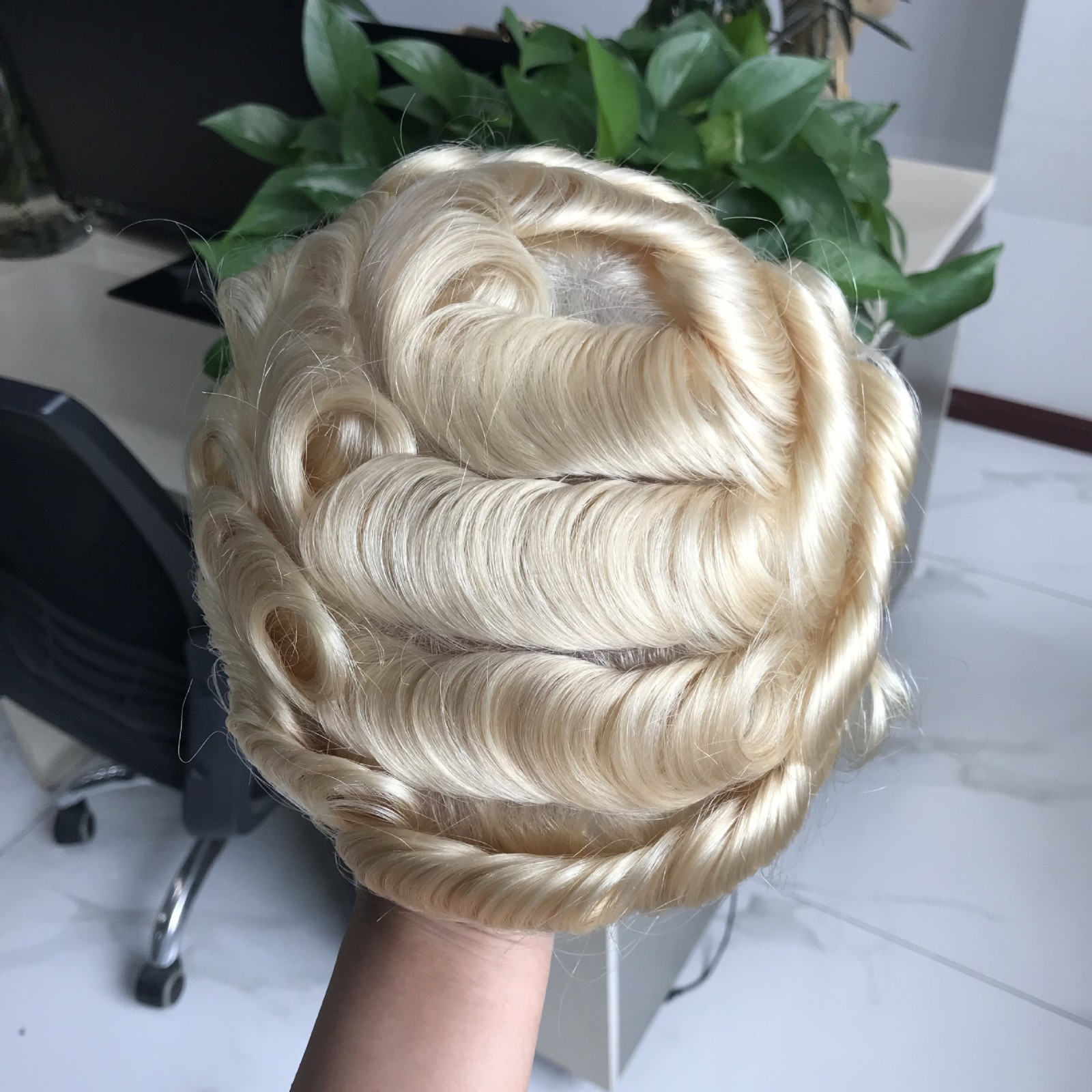 Blonde Thin skin 10×8″ Base Size Human Hair Pieces Replacement System For Men