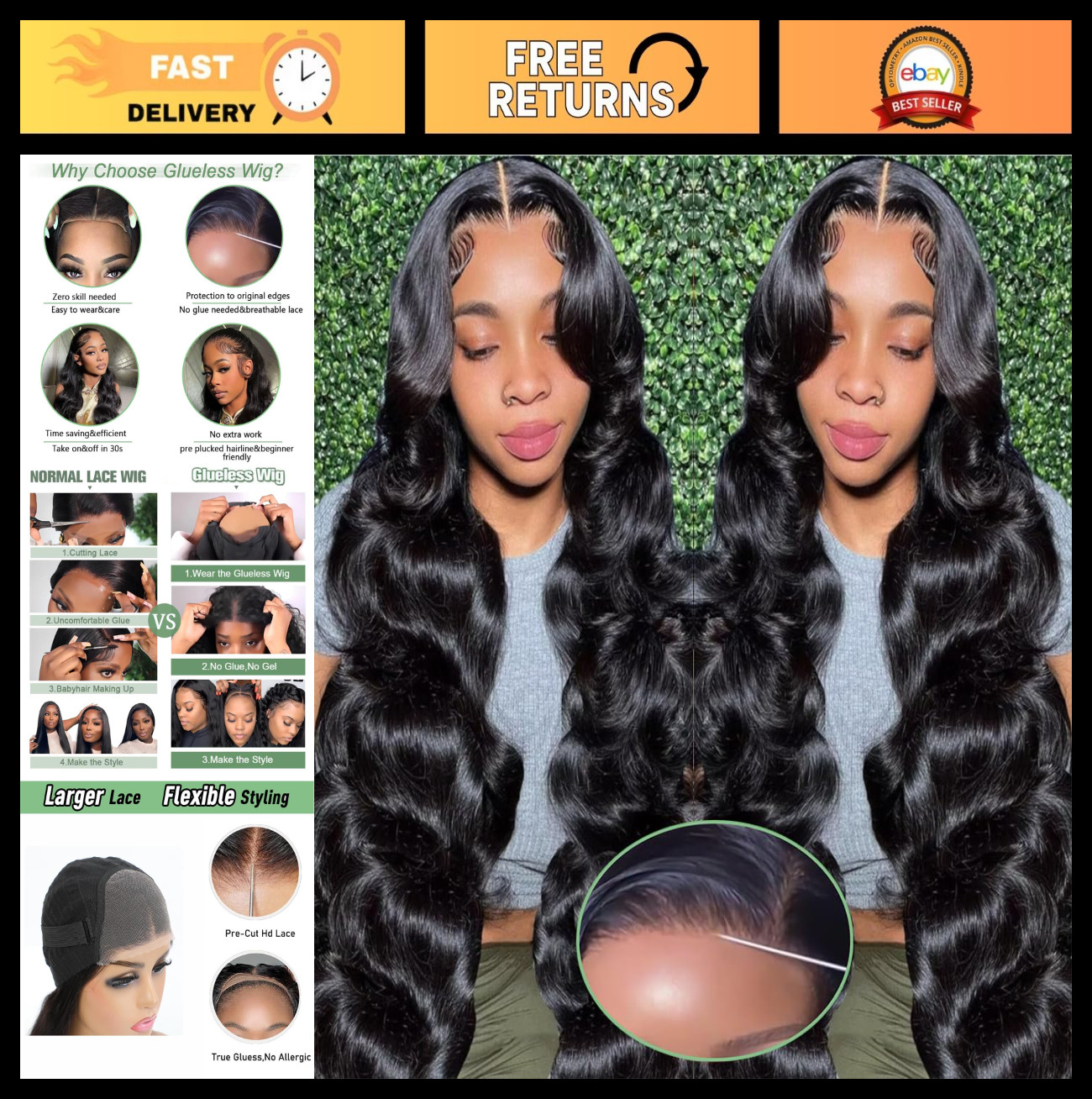 26″ Body Wave Lace Front Wigs Human Hair, 180% Density, Glueless, Pre-Plucked, H