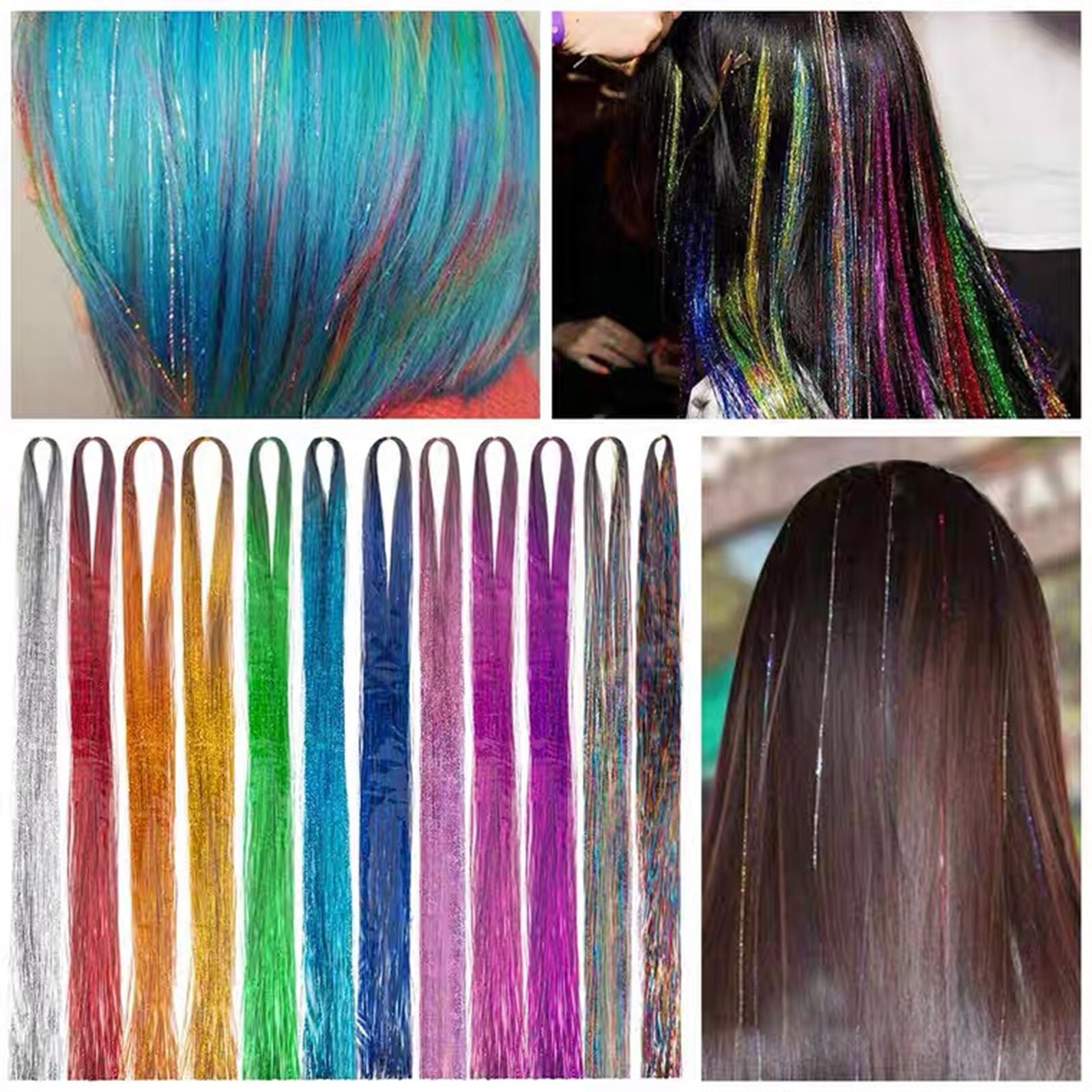 47 Inches Hair Extension Tinsel Kit with Tool 12 Mixed Colors 2400 Strands F7M6