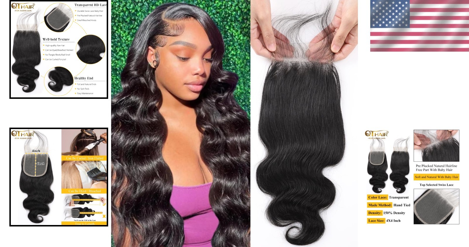18A Brazilian Body Wave Lace Closure 20″ Natural Black Swiss Lace 150% Density