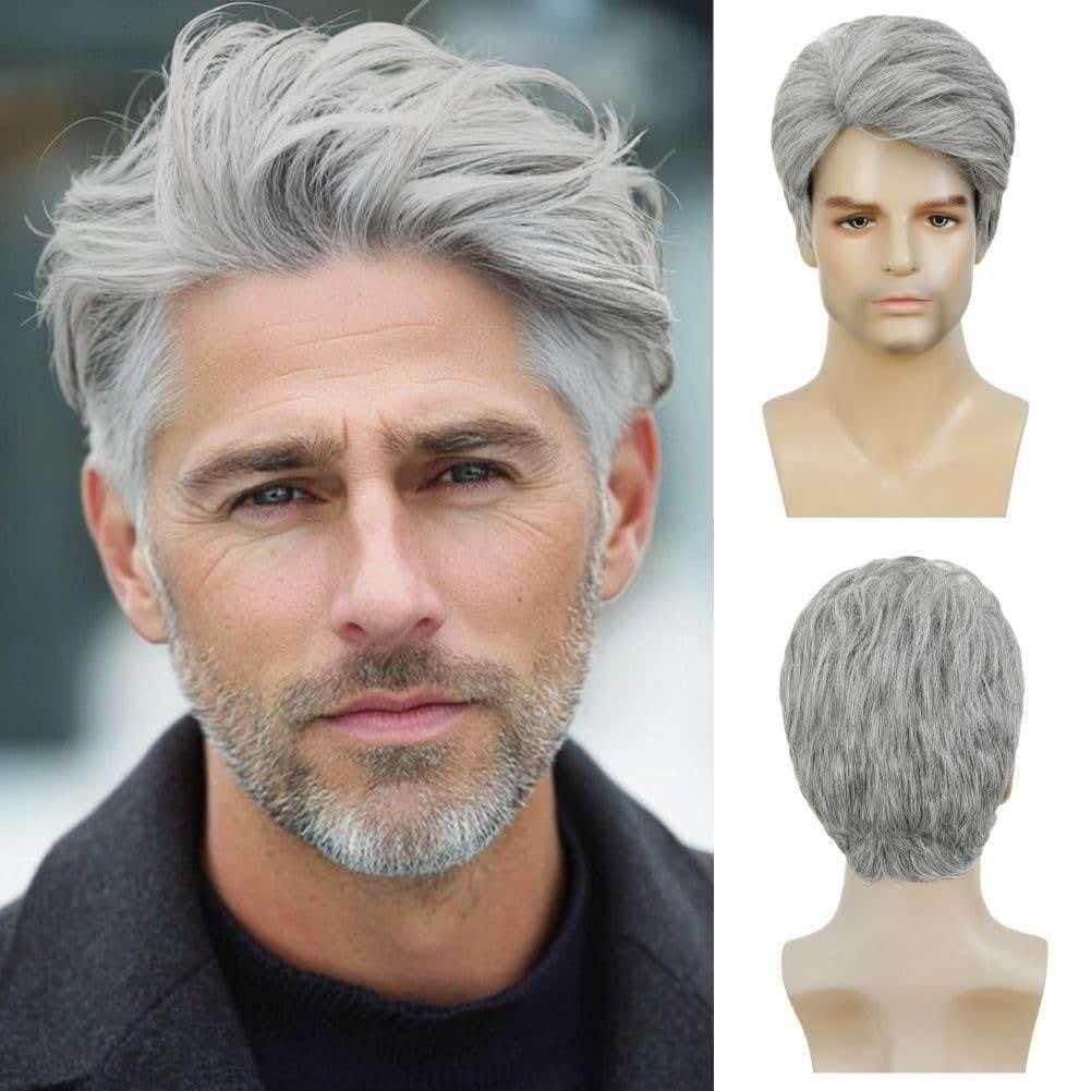 Men’s 6in Short Silver Gray Wig Heat Resistant Synthetic Full Cosplay Party