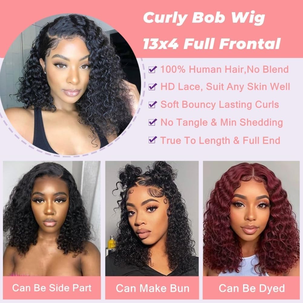 Curly Bob Wig Human Hair 180% Density 13×4 curly Bob Human Hair Lace Front Wig