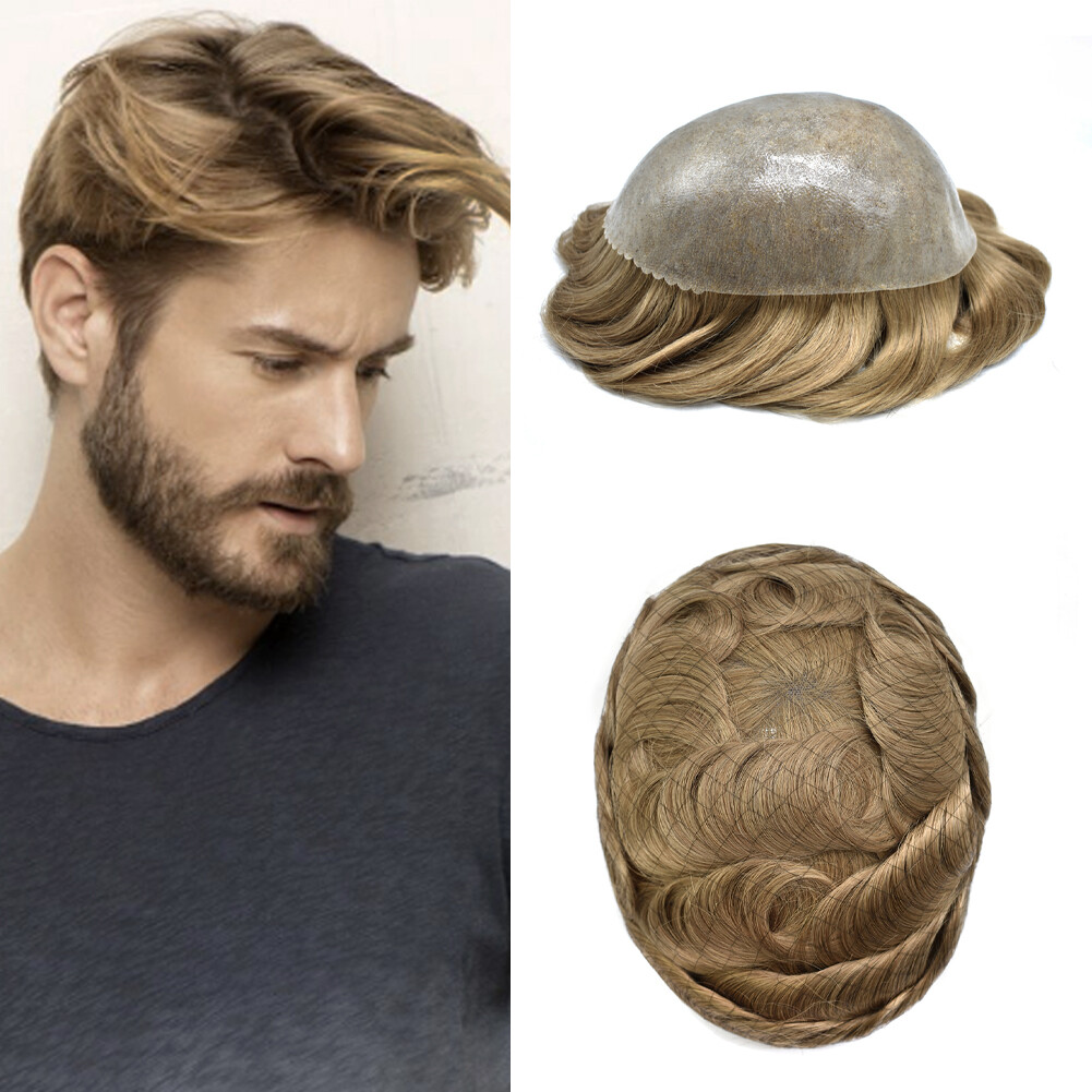 Full Poly Thin Skin Toupee Mens Hair Replacement System Units Human Hair Piece
