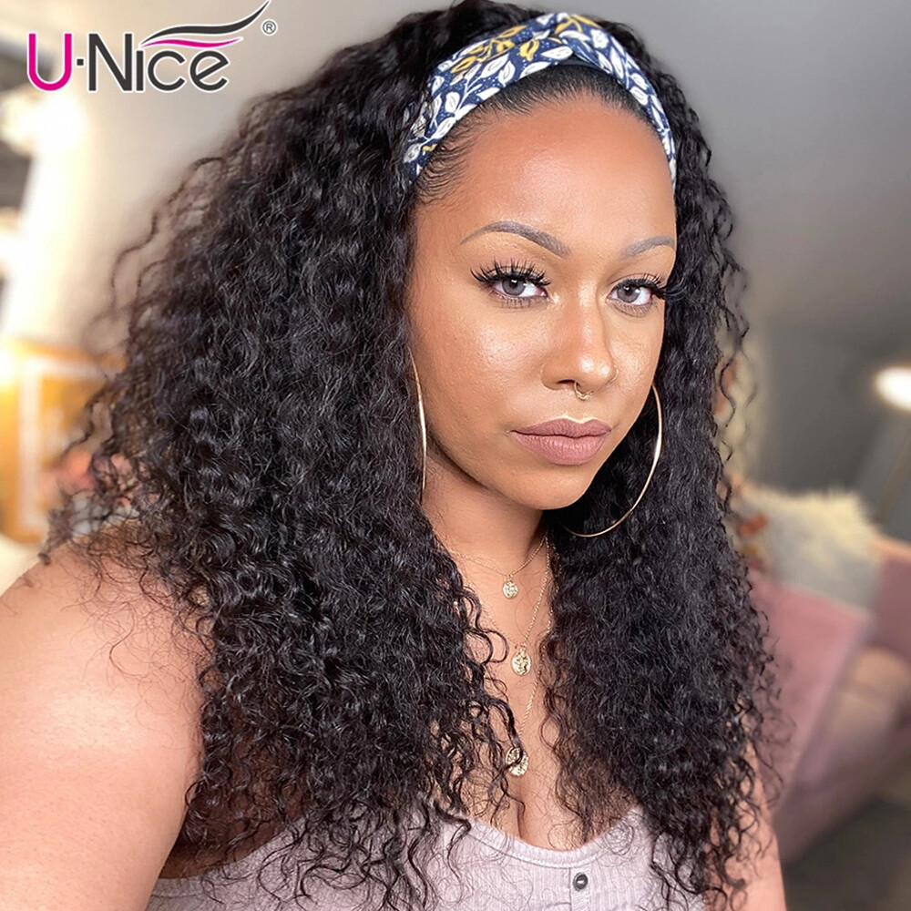 UNice Malaysian Headband Curly Human Hair Wigs 20″ Glueless Easy to Wear and Go