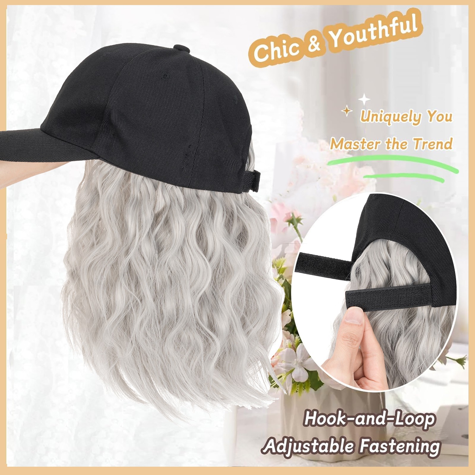 Women long Wavy Wig Baseball Cap With Synthetic Hair Adjustable Dad Hat Natural