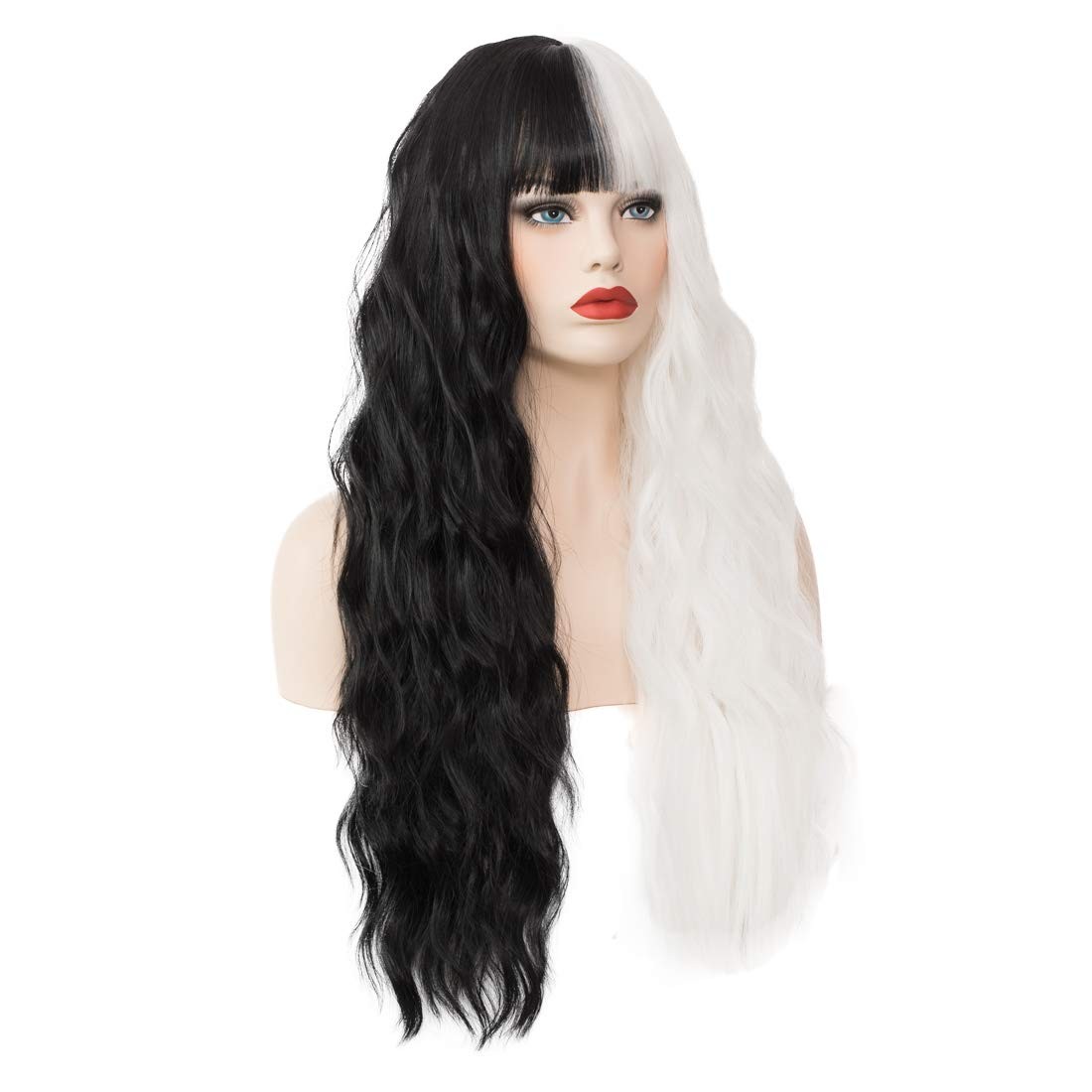 Women’s Black and White Wig 27 Inches Long Curly Wavy Hair Wig Heat Resistant…