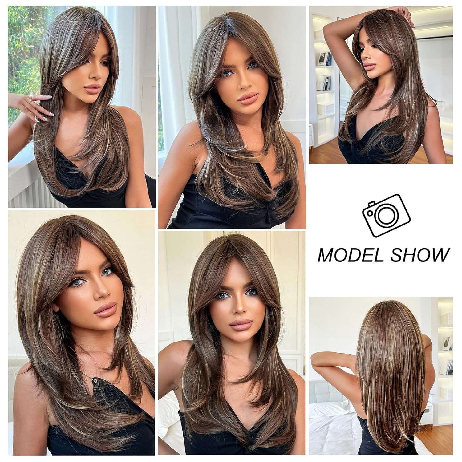 Women Long Straight Mixed Brown blonde Cosplay Wig With Fringe Synthetic Hair