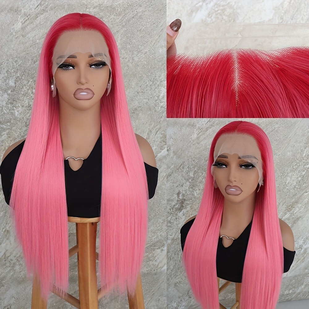 13×4 Ombre Pastel Pink Colored Synthetic Lace Front Wigs Free Part Pre Plucked