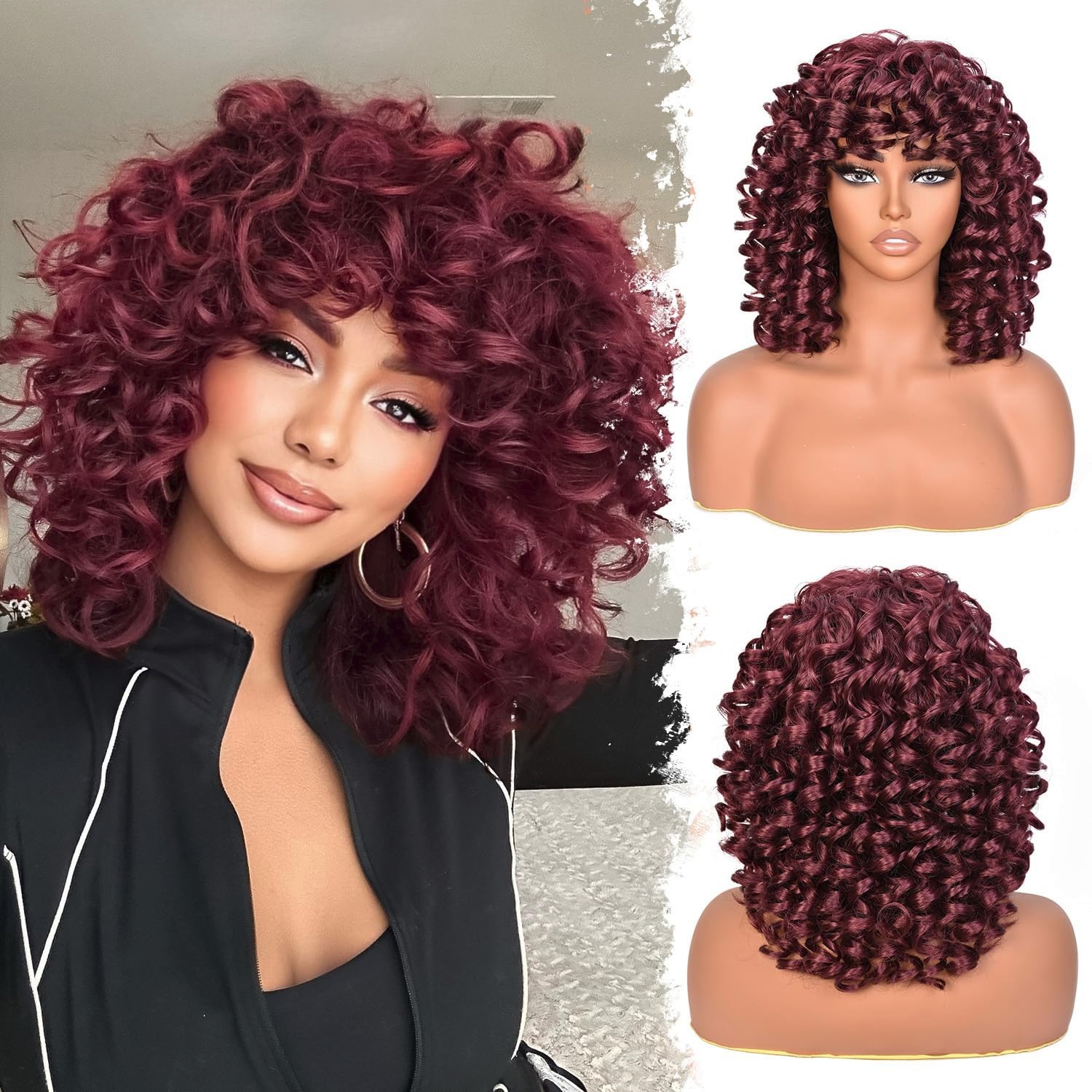 Short 14″ Wine Red Loose Curly Wig women bouncy afro curl synthetic daily party