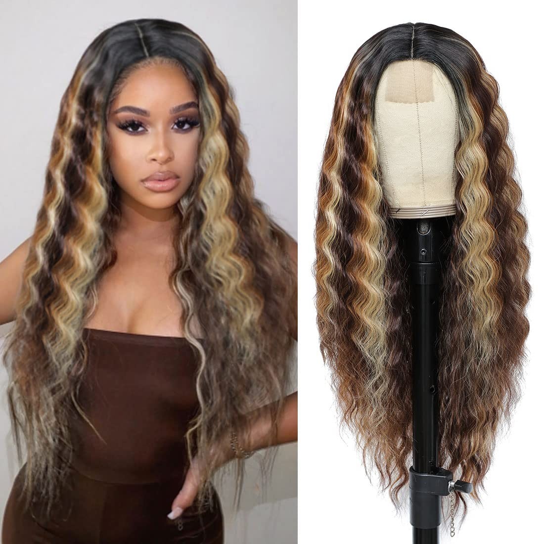 Heat Resistant Brown Mixed Blonde Deep Wave Wig – 150% Density for Glam Looks