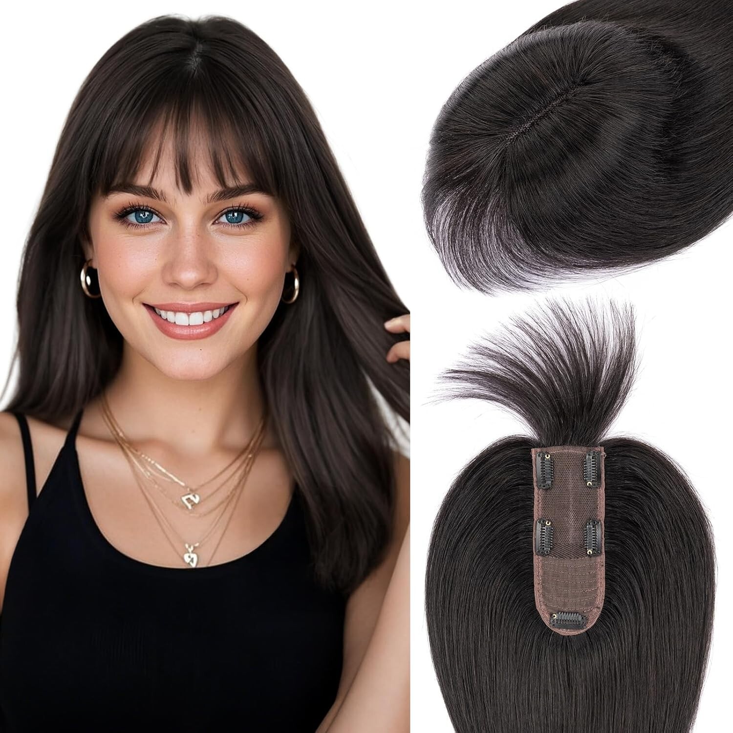 Hairro Human Hair Topper Wispy Air Bangs 3D Cover 12 Inch 41g #1B Natural Black