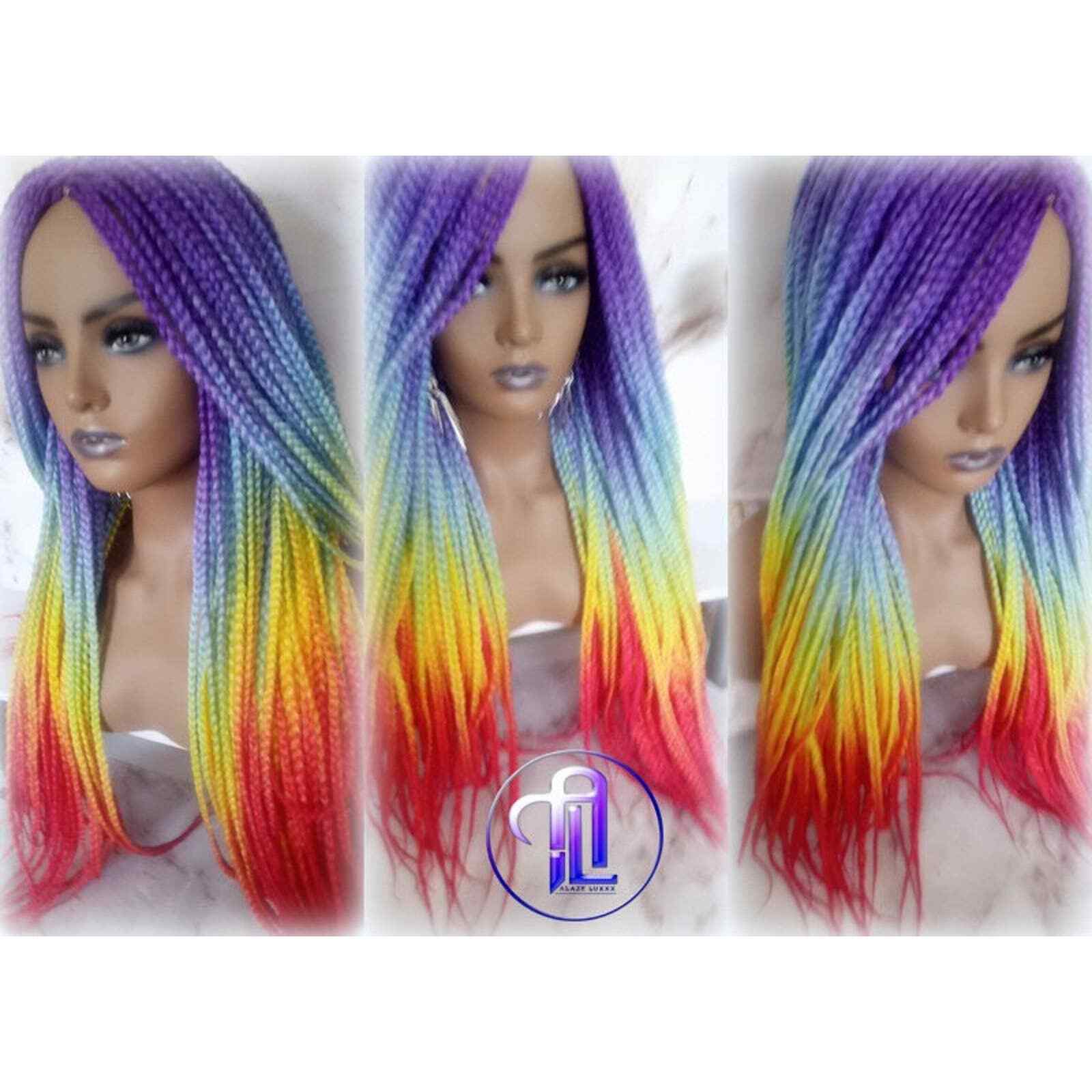 Rainbow Mermaid Purple Blue Yellow Orange Wig Box Braids hair Lace Part Pride