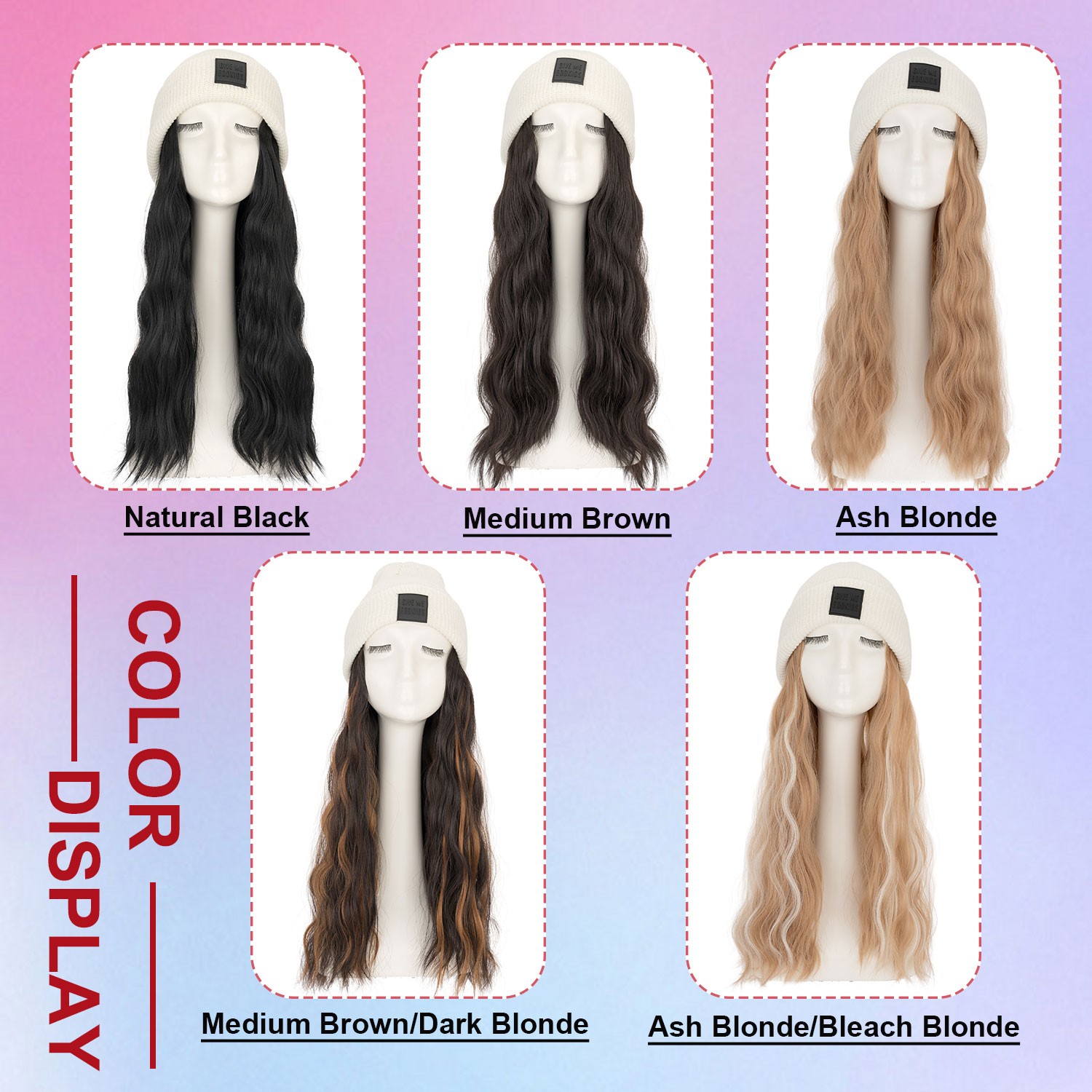 Winter Synthetic Women Long Wavy Beanie Knitted Hat Wig with Synthetic Hair Wigs